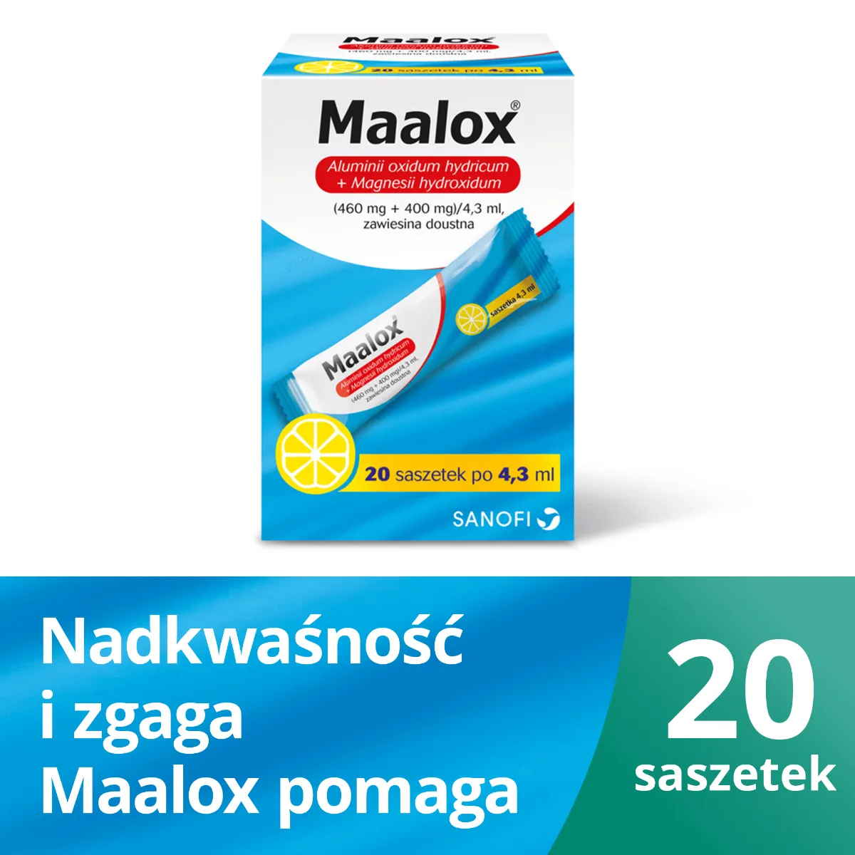 Maalox, 460mg+400mg, 20 saszetek po 4,3 ml