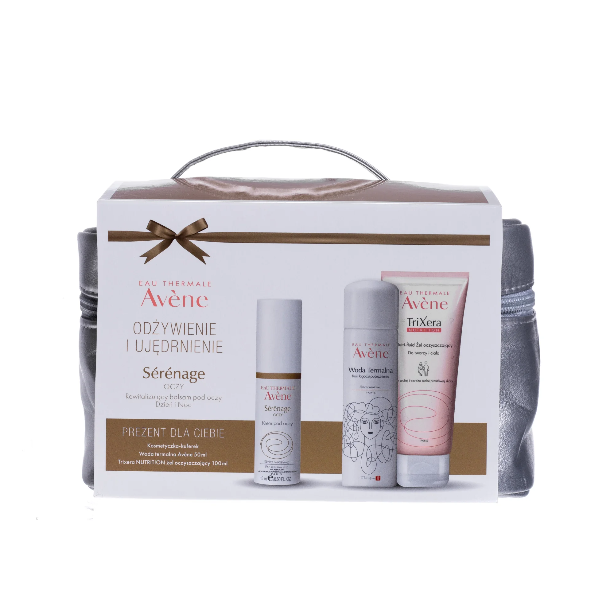 Avene zestaw Serenage, krem pod oczy, 15 ml + woda termalna, 50 ml + żel, 100 ml + kuferek 