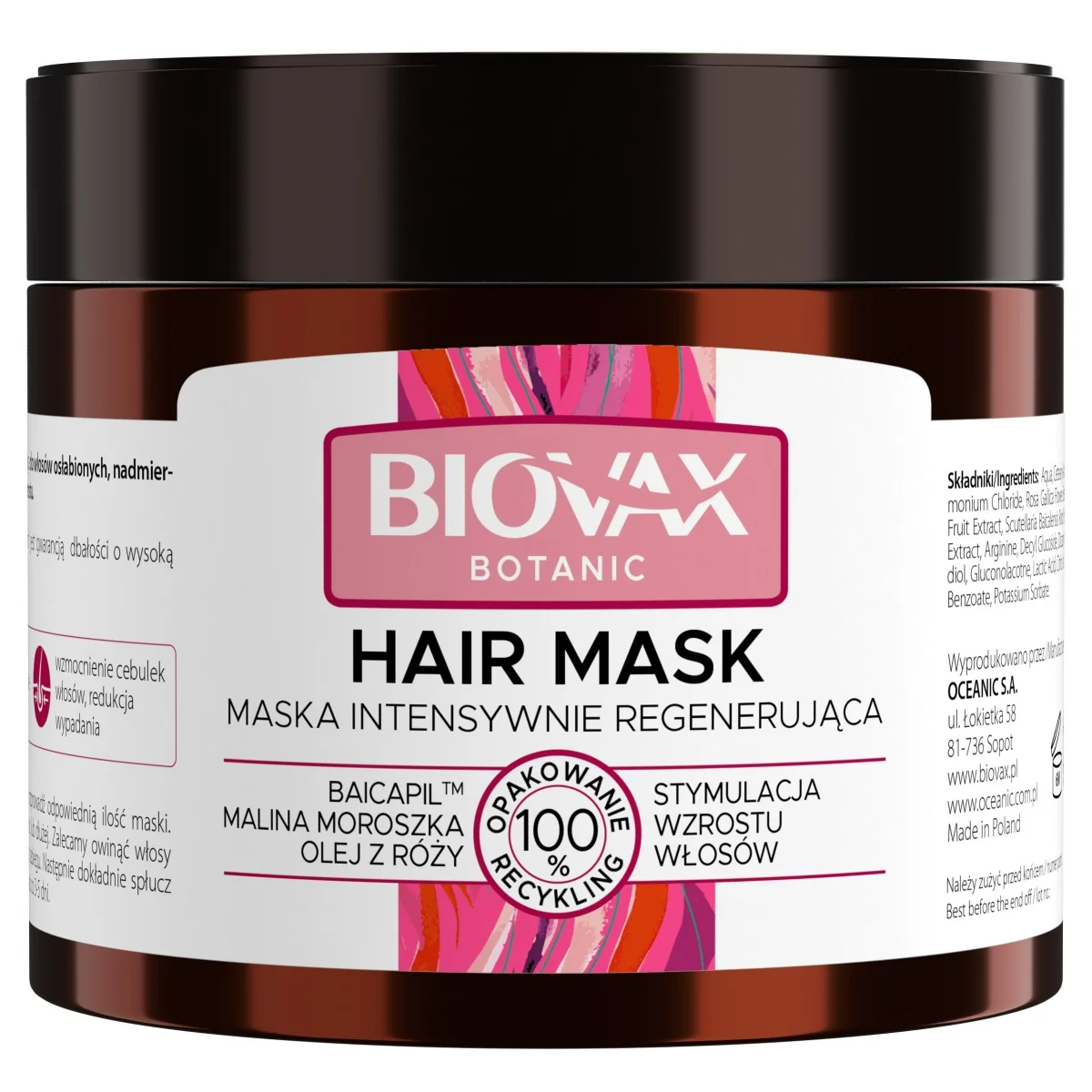 L'Biotica Biovax Botanic intensywnie regenerująca maska do włosów, malina i róża, 250 ml