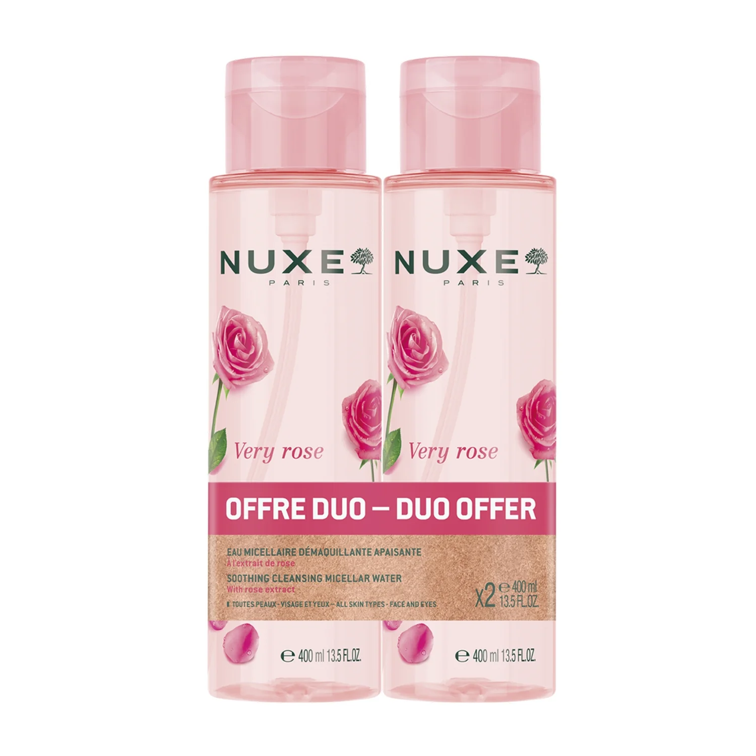 Nuxe Very Rose łagodząca woda micelarna 3 w 1, 2 x 400 ml