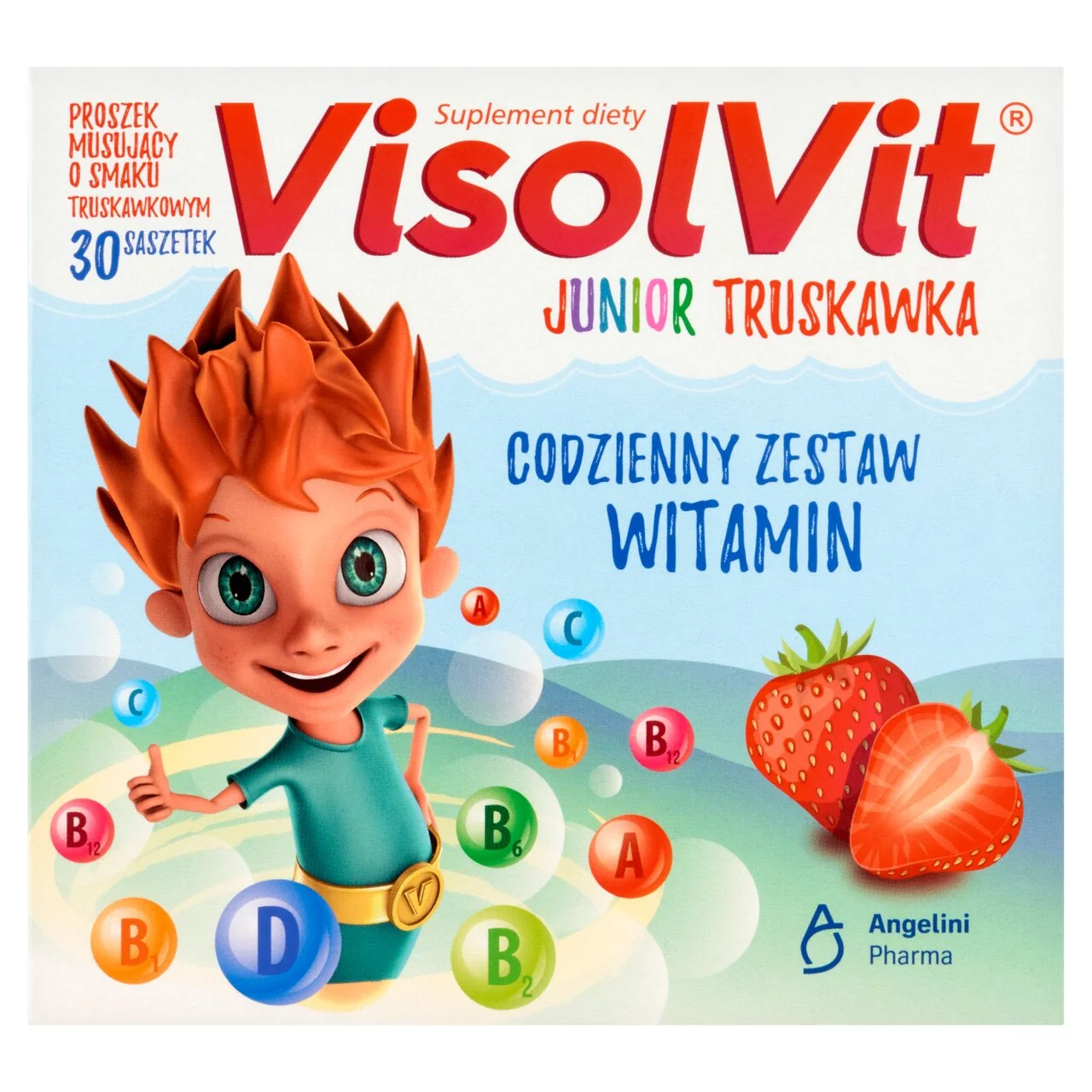 Visolvit Junior 30 saszetek z proszkiem musującym o smaku truskawkowym