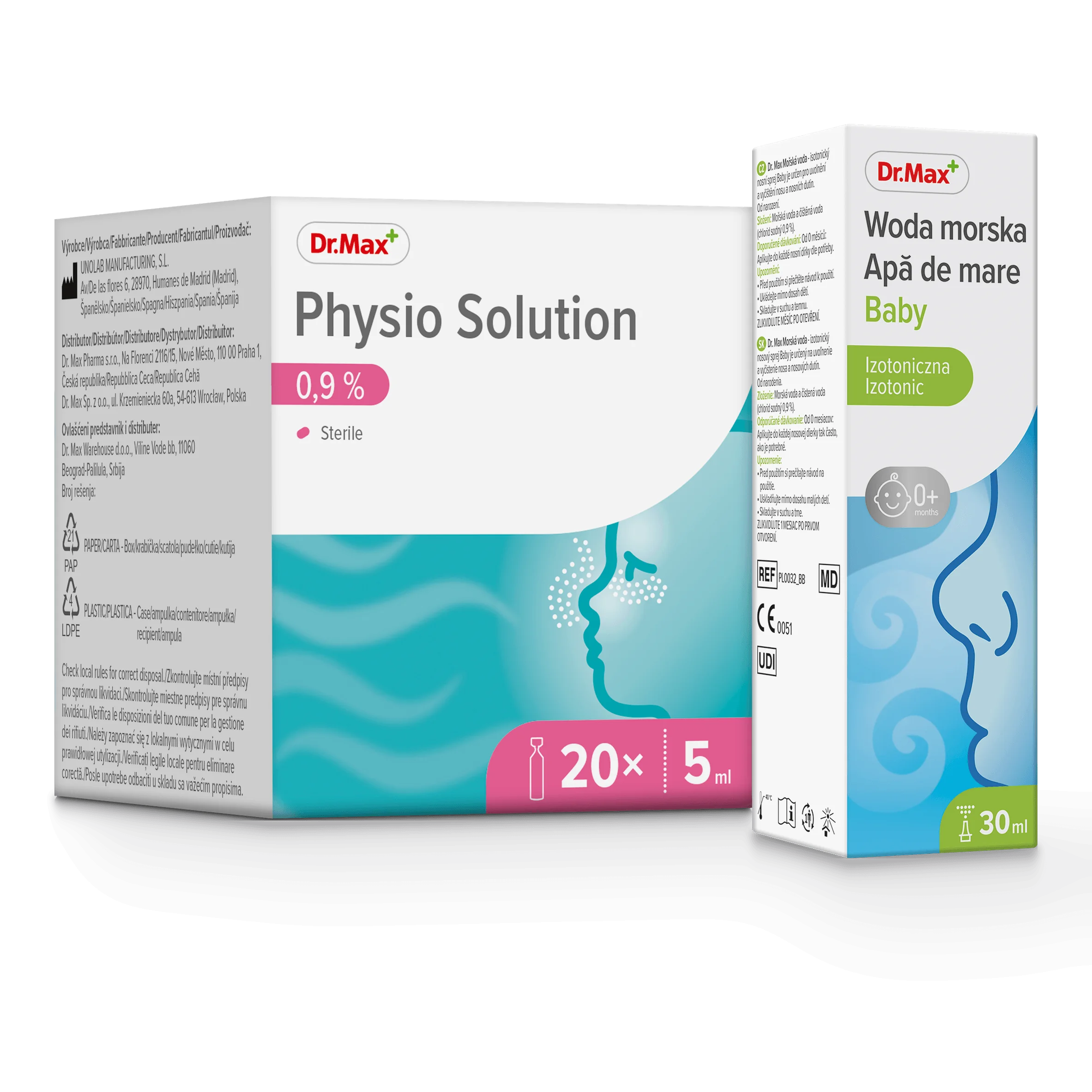 Komplet troski o nos dziecka Woda morska Baby Dr. Max izotoniczny spray do nosa  30ml + Physio Solution Dr. Max roztwór soli fizjologicznej 20 ampułek po 5 ml