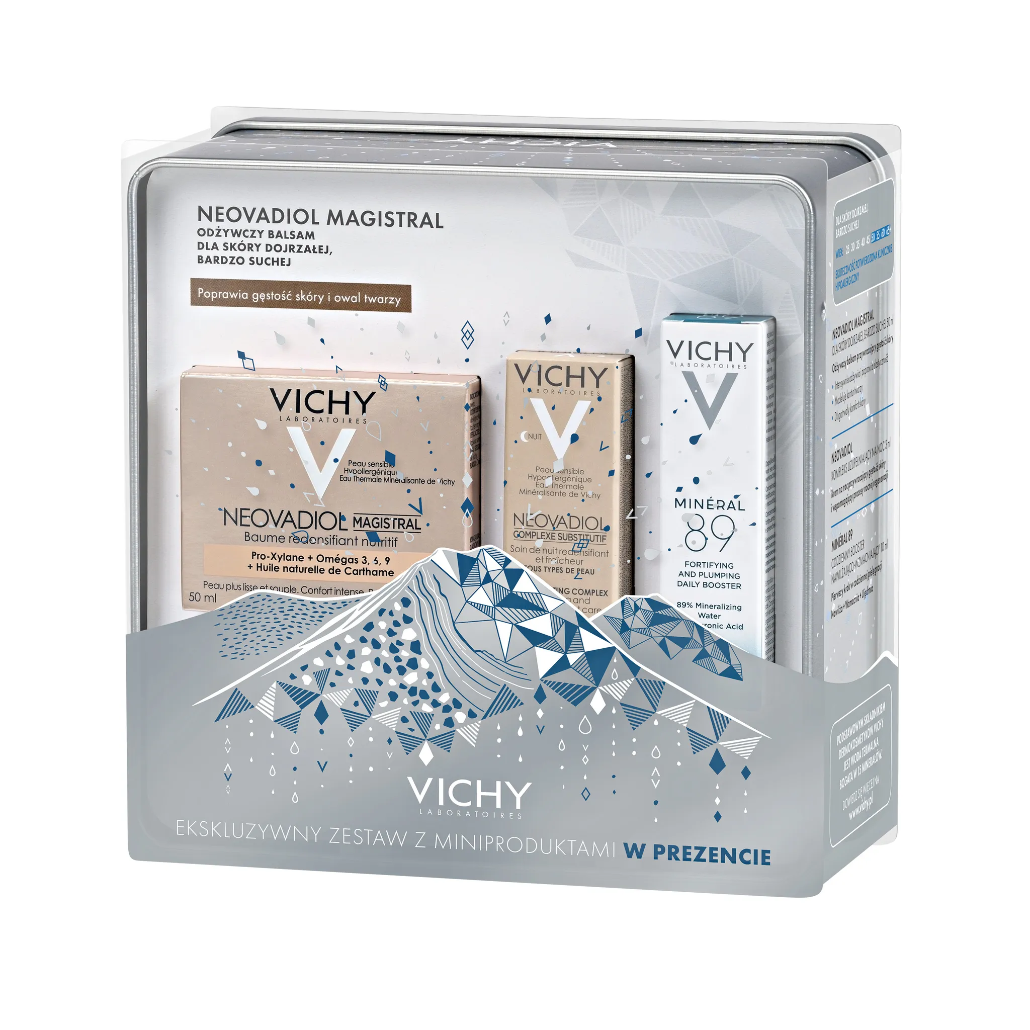 Vichy zestaw Neovadiol, odżywczy balsam przywracający gęstość skóry Magistral, 50 ml +  booster nawilżająco-wzmacniający Mineral 89, 10 ml +krem na noc Kompleks Uzupełniający, 3 ml