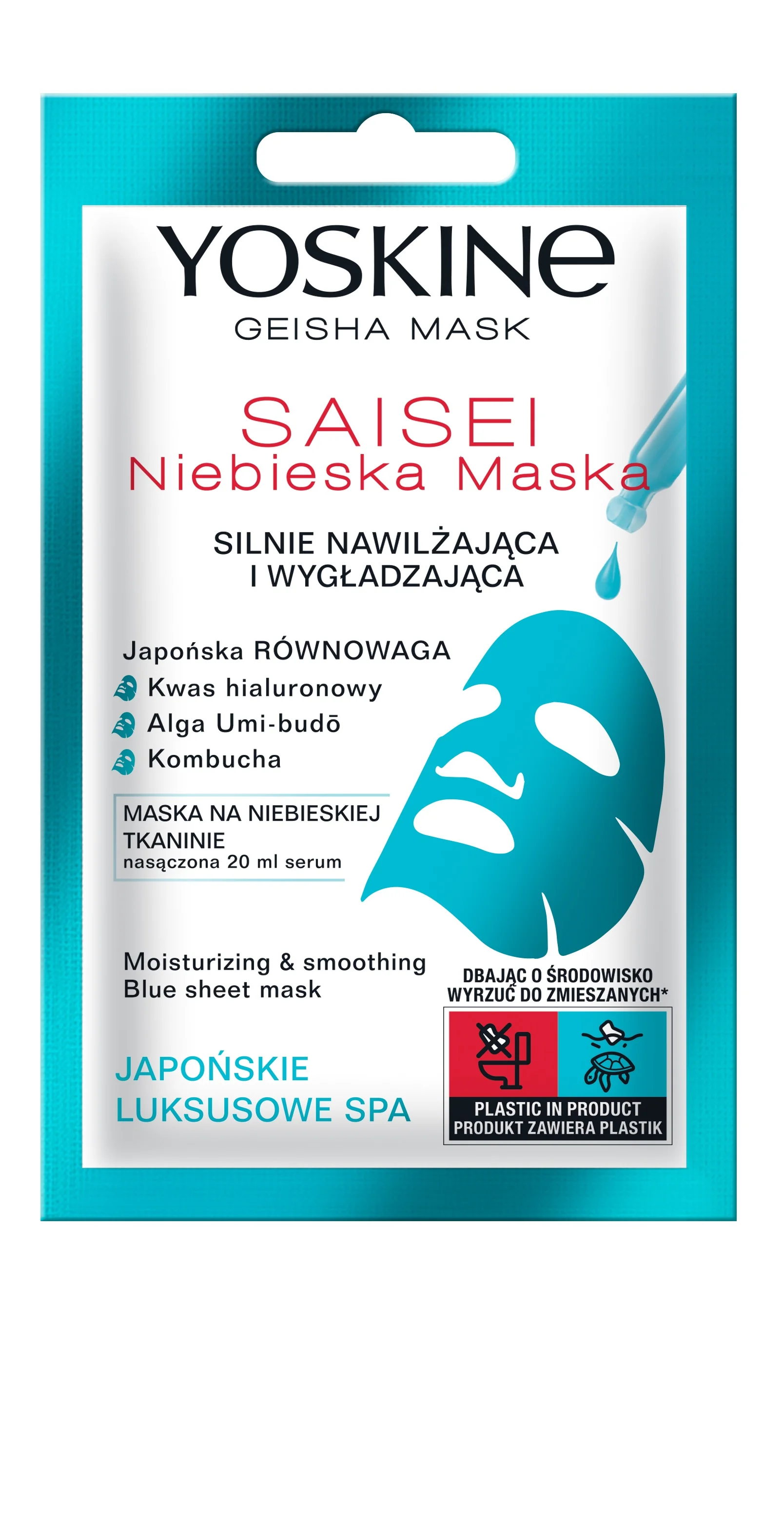Yoskine Geisha Mask maska w płachcie na niebieskiej tkaninie Saisei, 1 sztuka
