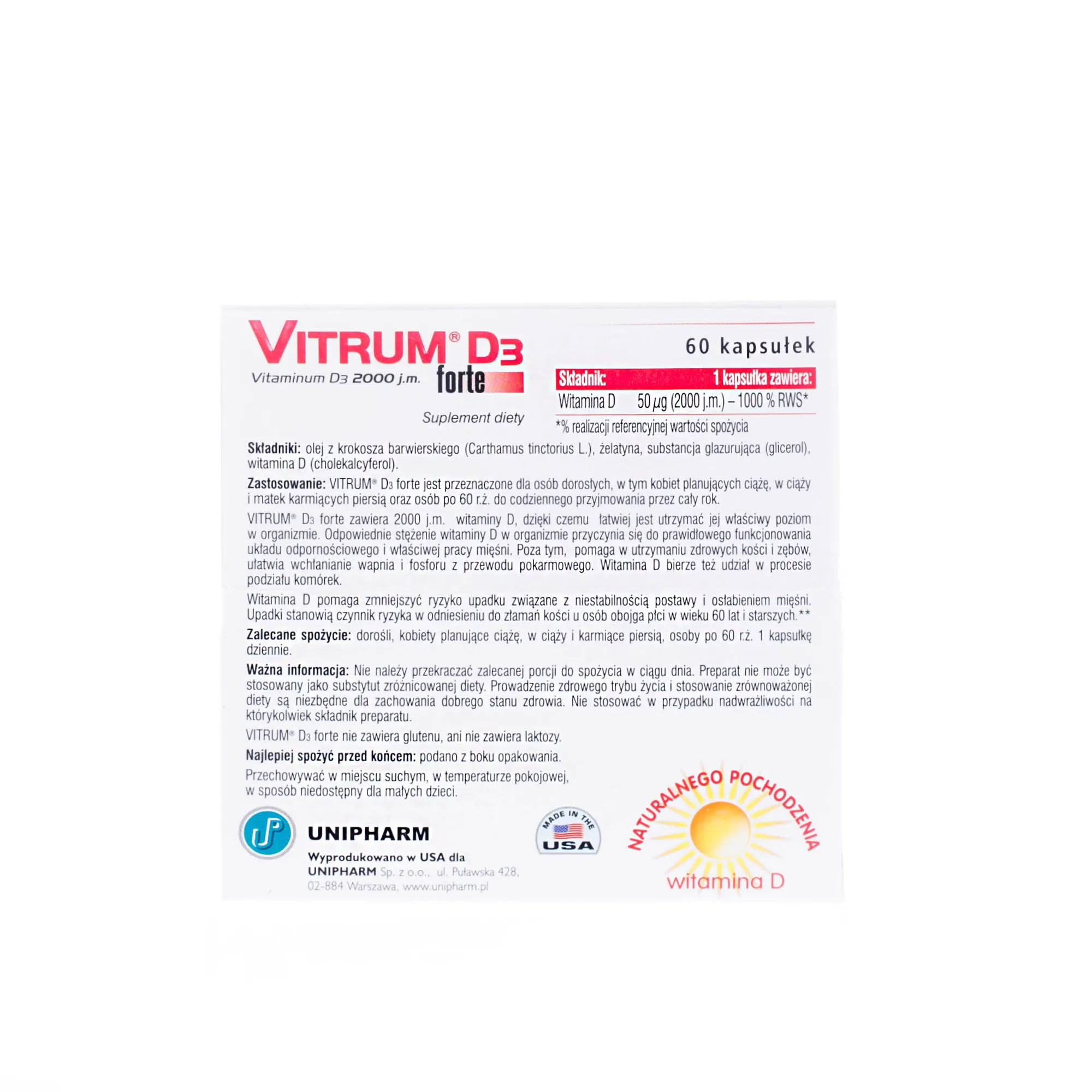 Vitrum D3 2000 j.m. Forte - suplement diety z wit. D naturalnego pochodzenia, 60 kaps. 
