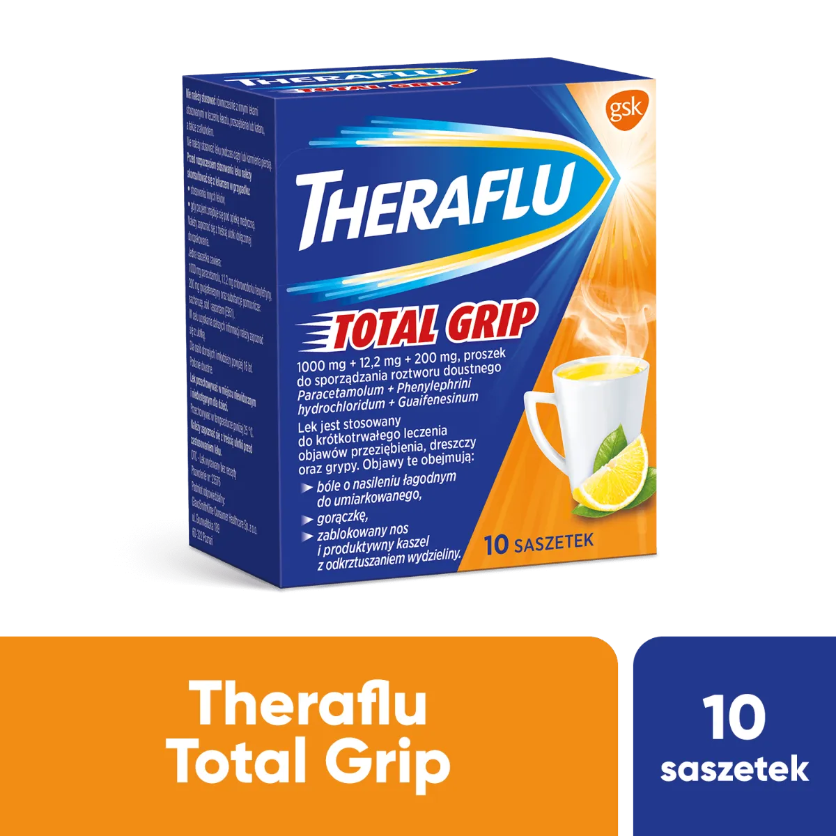 Theraflu Total Grip, 1000 mg + 12,2 mg + 200 mg, 10 saszetek 