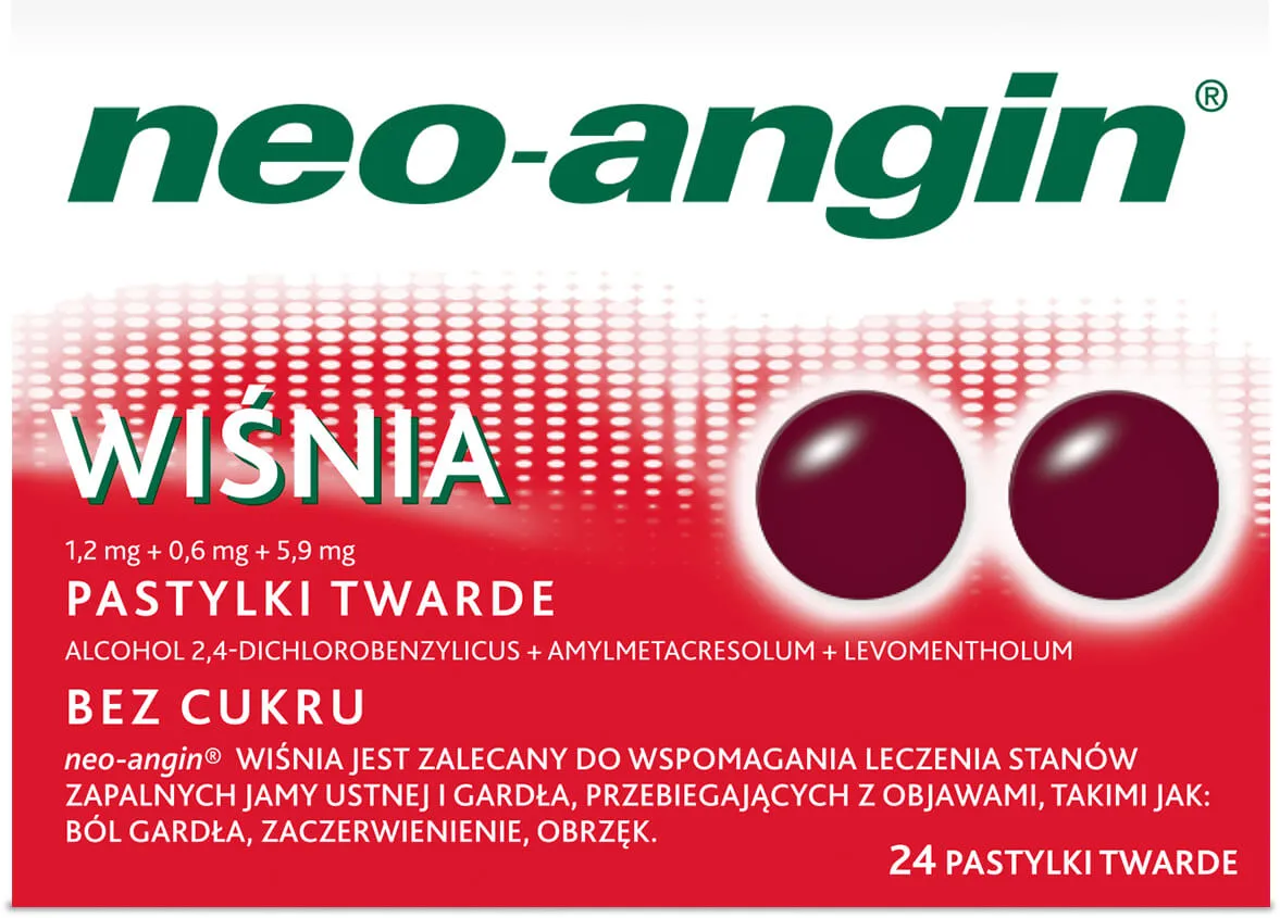 Neo-angin wiśnia, 1,2 mg + 0,6 mg + 5,9 mg, 24 pastylki twarde
