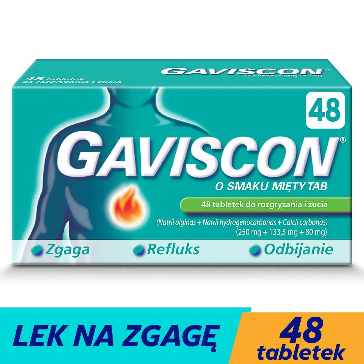 Gaviscon, smak miętowy, 48 tabletek do rozgryzania i żucia
