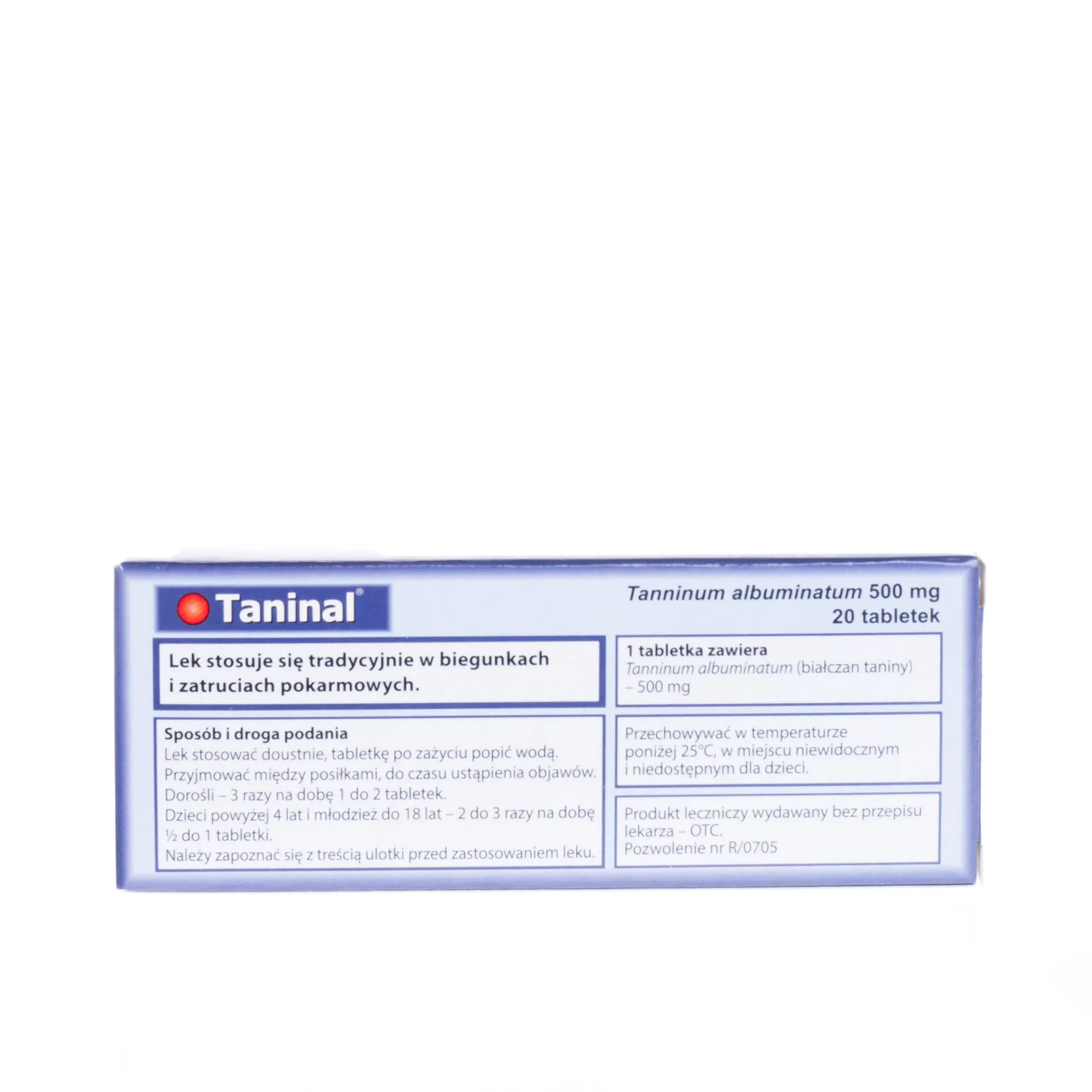 Taninal 500 mg - 20 tabletek stosowanych tradycyjnie w biegunkach i zatruciach pokarmowych 