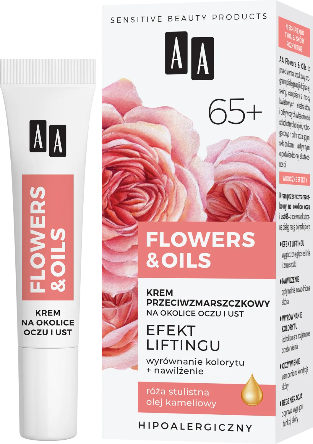 AA FLOWERS & OILS 65+ krem przeciwzmarszczkowy na okolice oczu i ust, 15 ml,  200 ml 