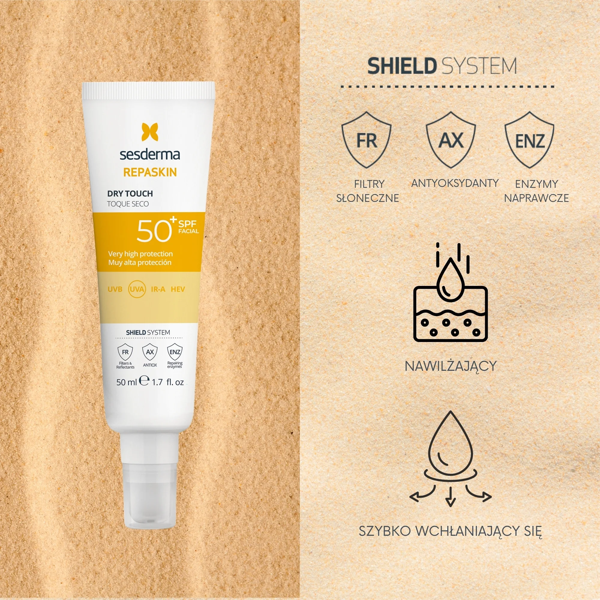 Sesderma Repaskin Dry Touch nawilżający krem ochronny SPF 50, 50 ml