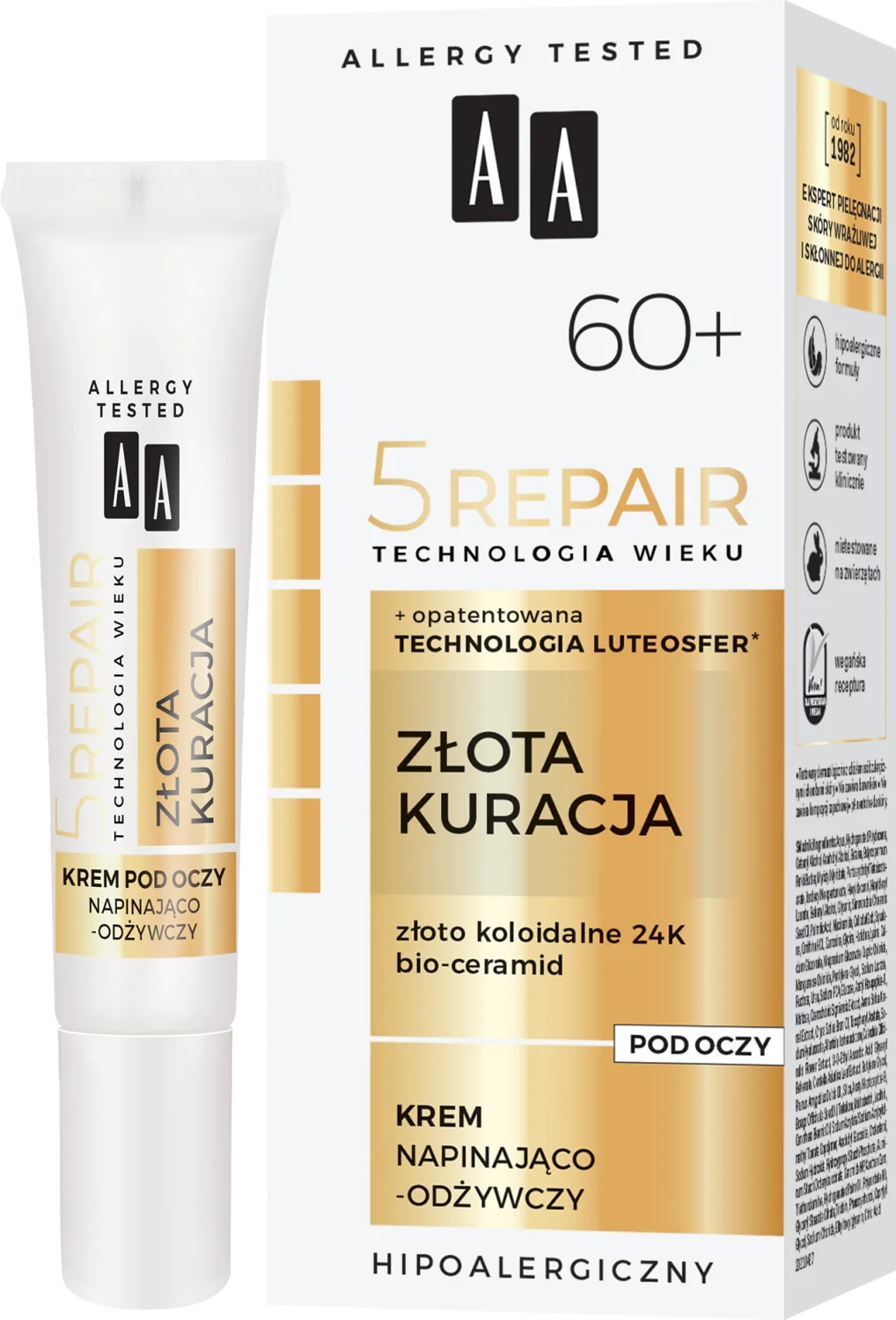 AA 5Repair Złota Kuracja napinająco-odżywczy krem pod oczy 60+, 15 ml