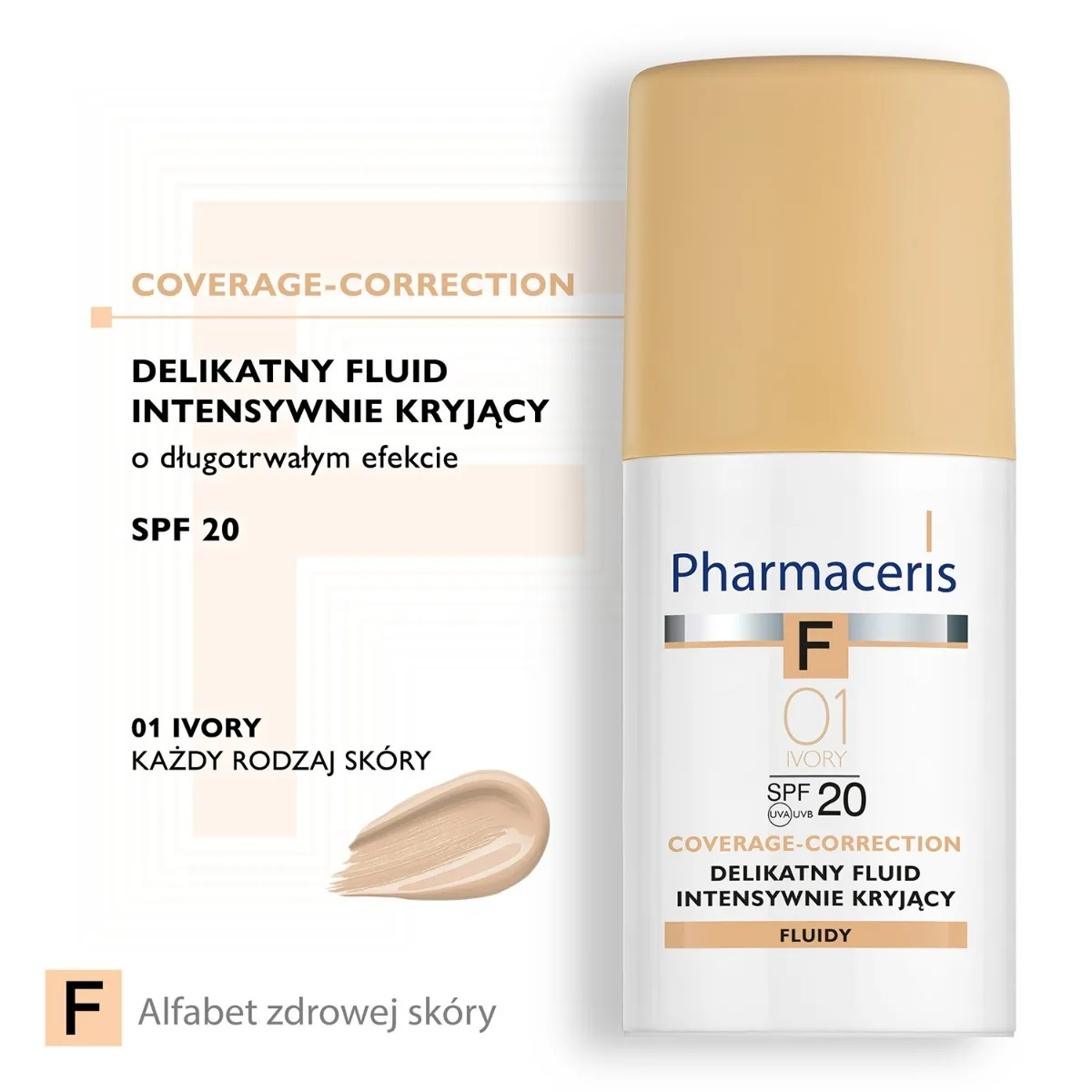 Pharmaceris F, Delikatny fluid intensywnie kryjący 01 Ivory / SPF 20 / 30 ml 