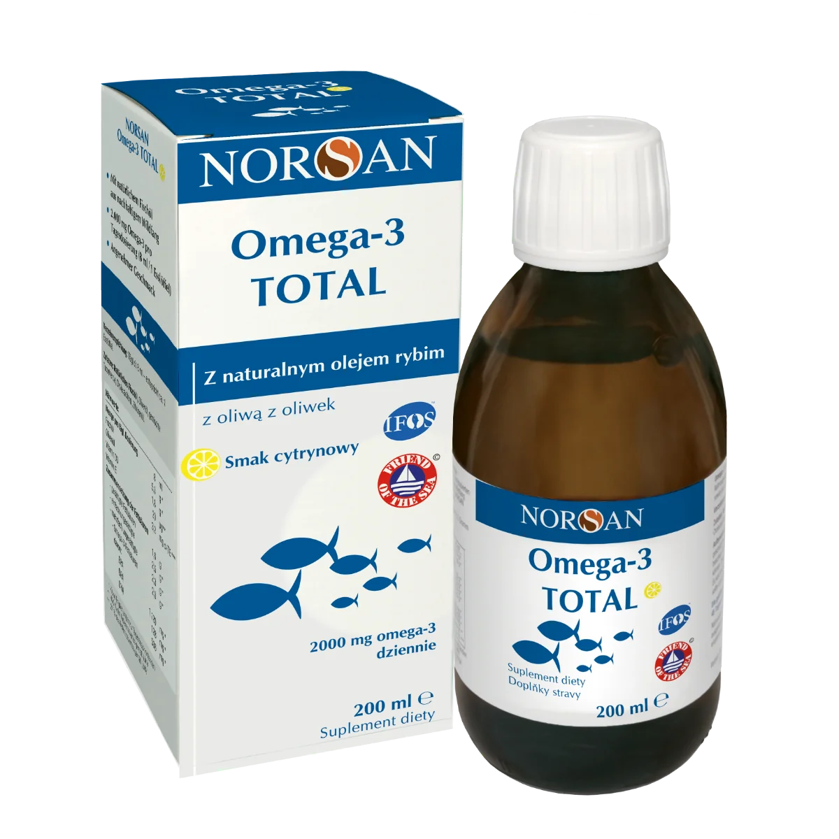 Norsan Omega-3 Total płynny olej rybny z witaminą D o smaku cytrynowym, 200 ml