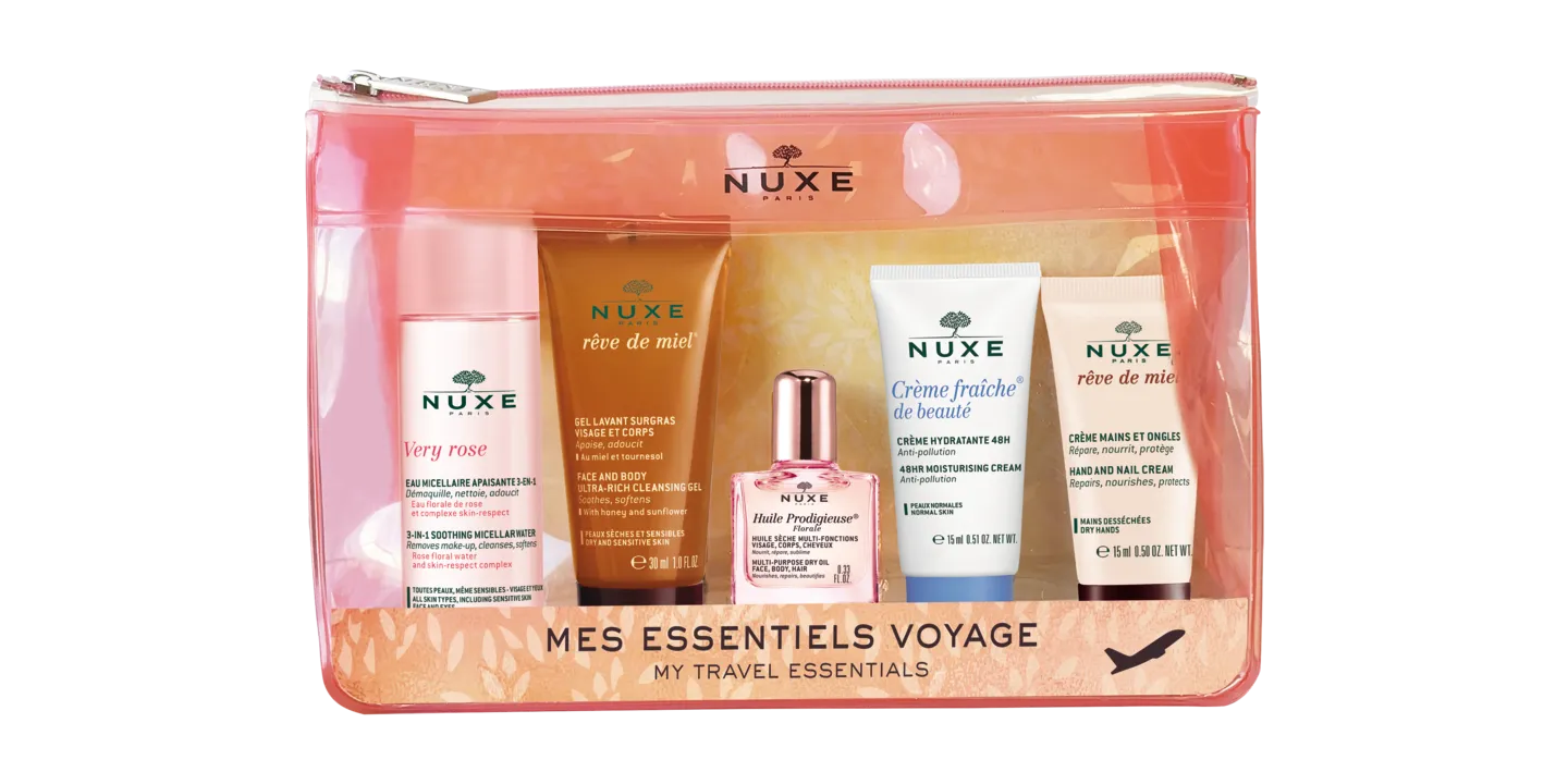Nuxe Kosmetyczka Travel Kit 2020, kosmetyczka podróżna + 5 mini produktów, 40ml+30ml+10ml+15ml