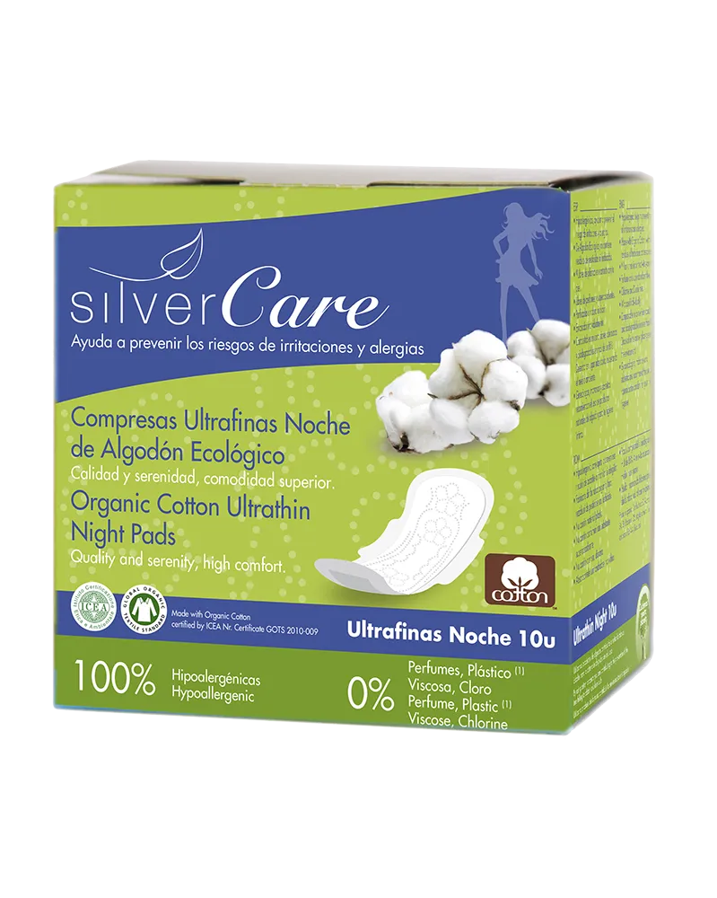 Masmi Silver Care, ultracienkie bawełniane podpaski na noc ze skrzydełkami 100% bawełny organicznej, 10 sztuk