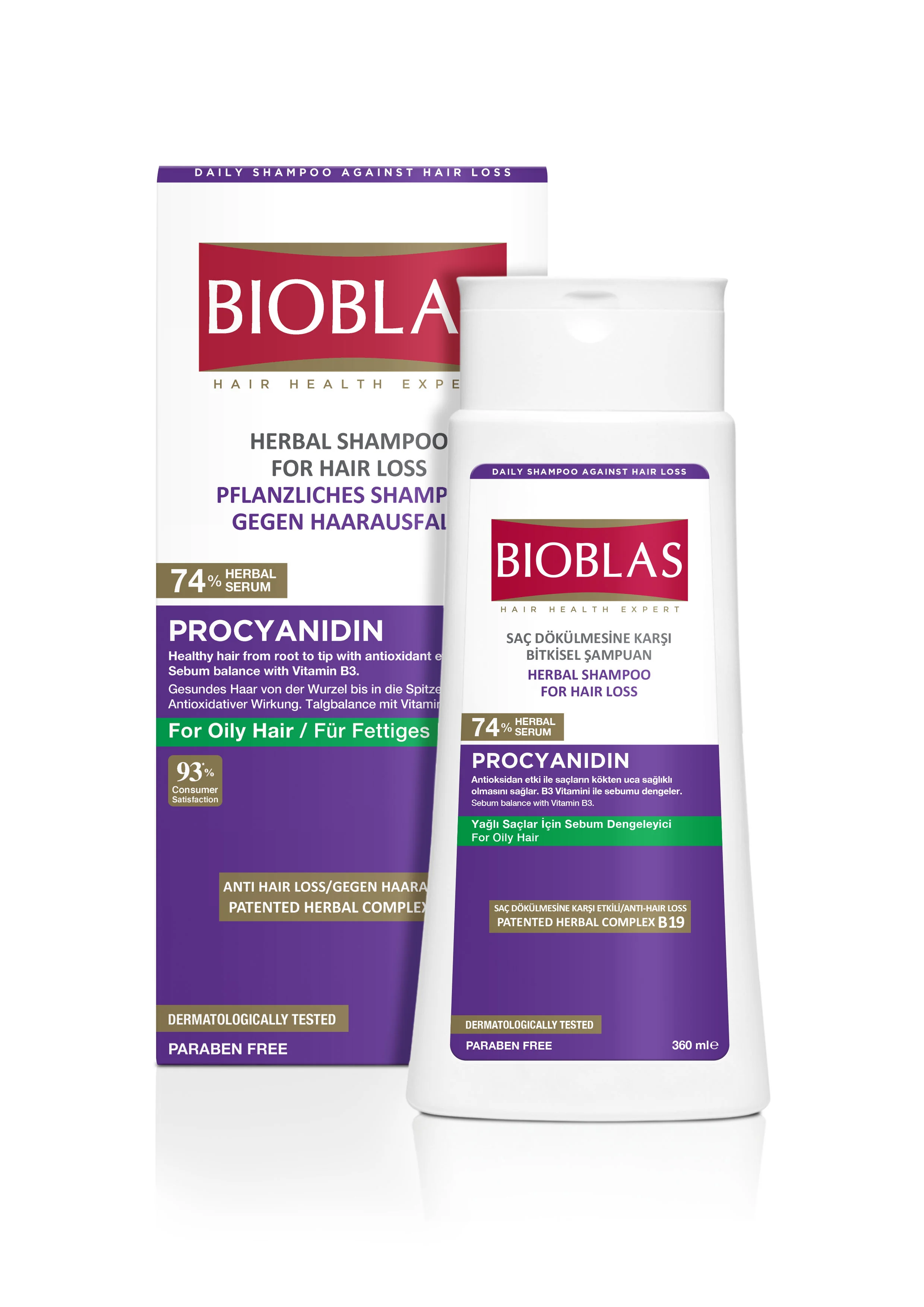 BIOBLAS Procyjanidyna ziołowy szampon przeciw wypadaniu włosów przetłuszczających się, 360 ml ziołowy szampon przeciw wypadaniu włosów dla włosów przetłuszczających się, 360 ml