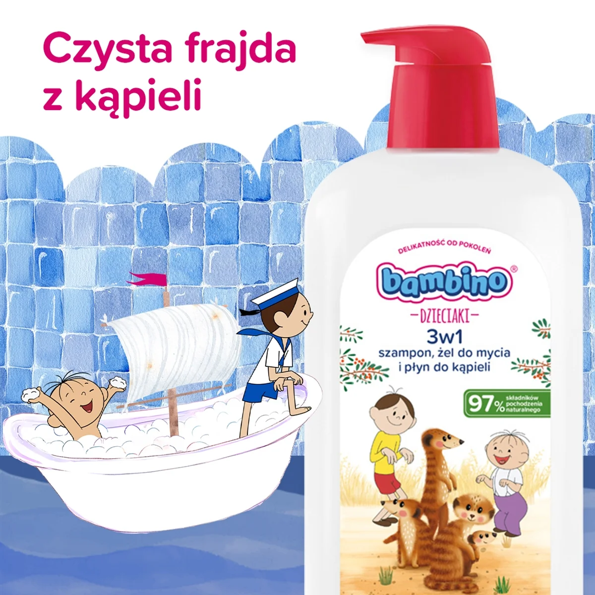 Bambino Dzieciaki Surykatki 3w1 szampon, żel pod prysznic i płyn do kąpieli, 1000 ml