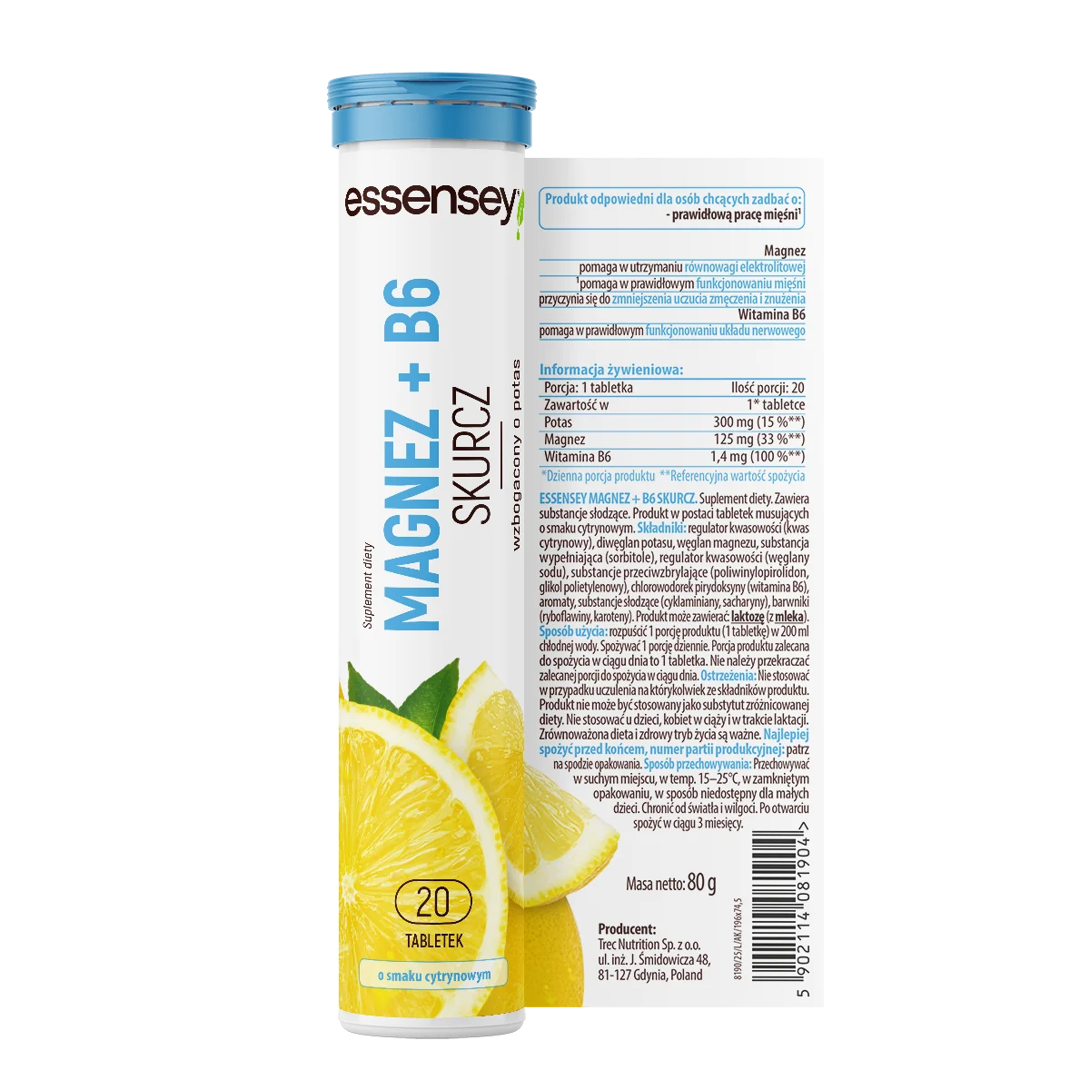 Essensey Magnez + B6 Skurcz o smaku cytrynowym, 20 tabletek musujących