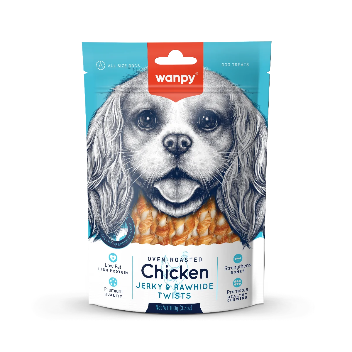 Wanpy Chicken Jerky & Rawhide Twists przysmak dla psa pałeczki owinięte w mięso z kurczaka, 100 g