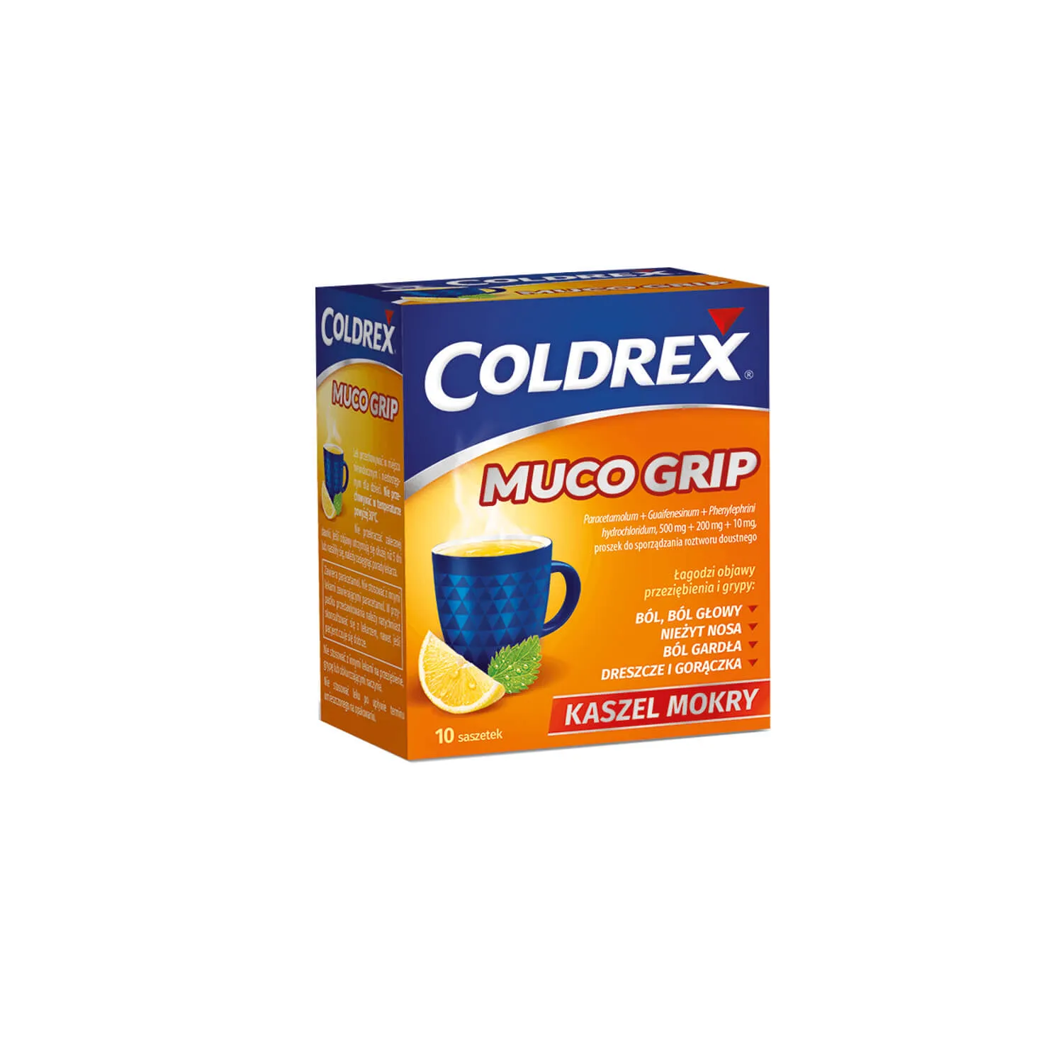 Coldrex Muco Grip, lek przeznaczony do łagodzenia objawów przeziębienia i grypy, 10 saszetek