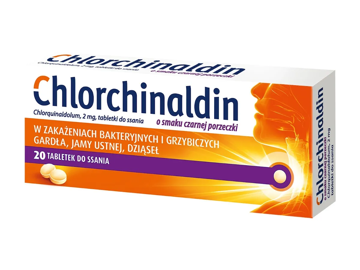 Chlorchinaldin - tabletki do ssania o smaku czarnej porzeczki, 20 tabletek do ssania