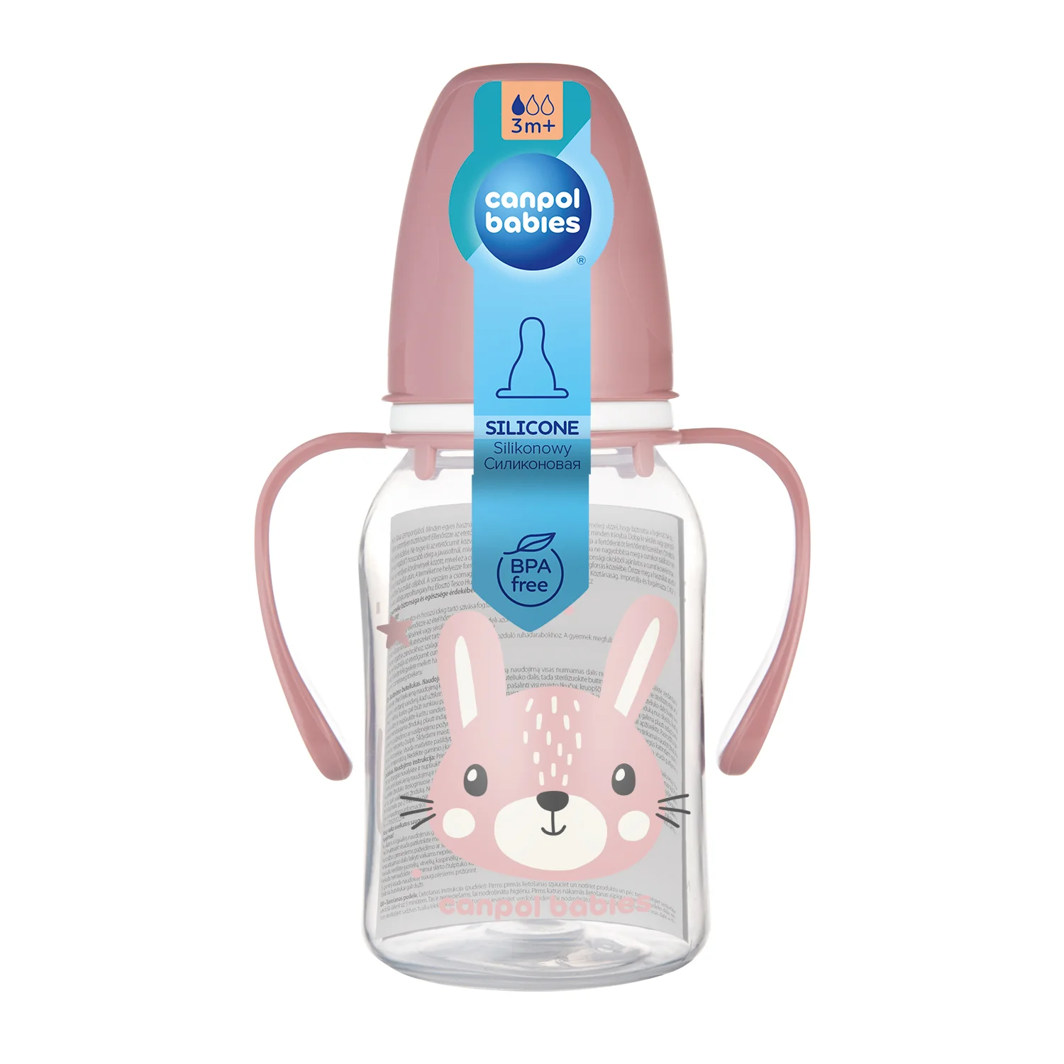 Canpol Babies CUTE ANIMALS różowa butelka z uchwytami 120 ml, 1 sztuka