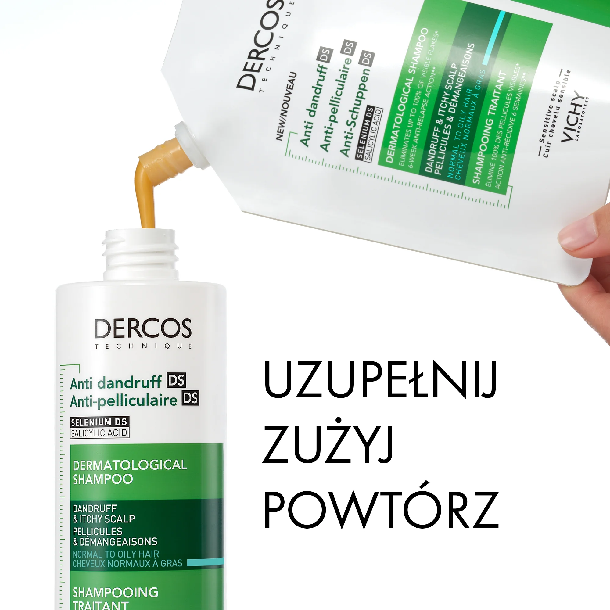 Vichy Dercos DS szampon przeciwłupieżowy do włosów normalnych i przetłuszczających się, REFILL, 390 ml