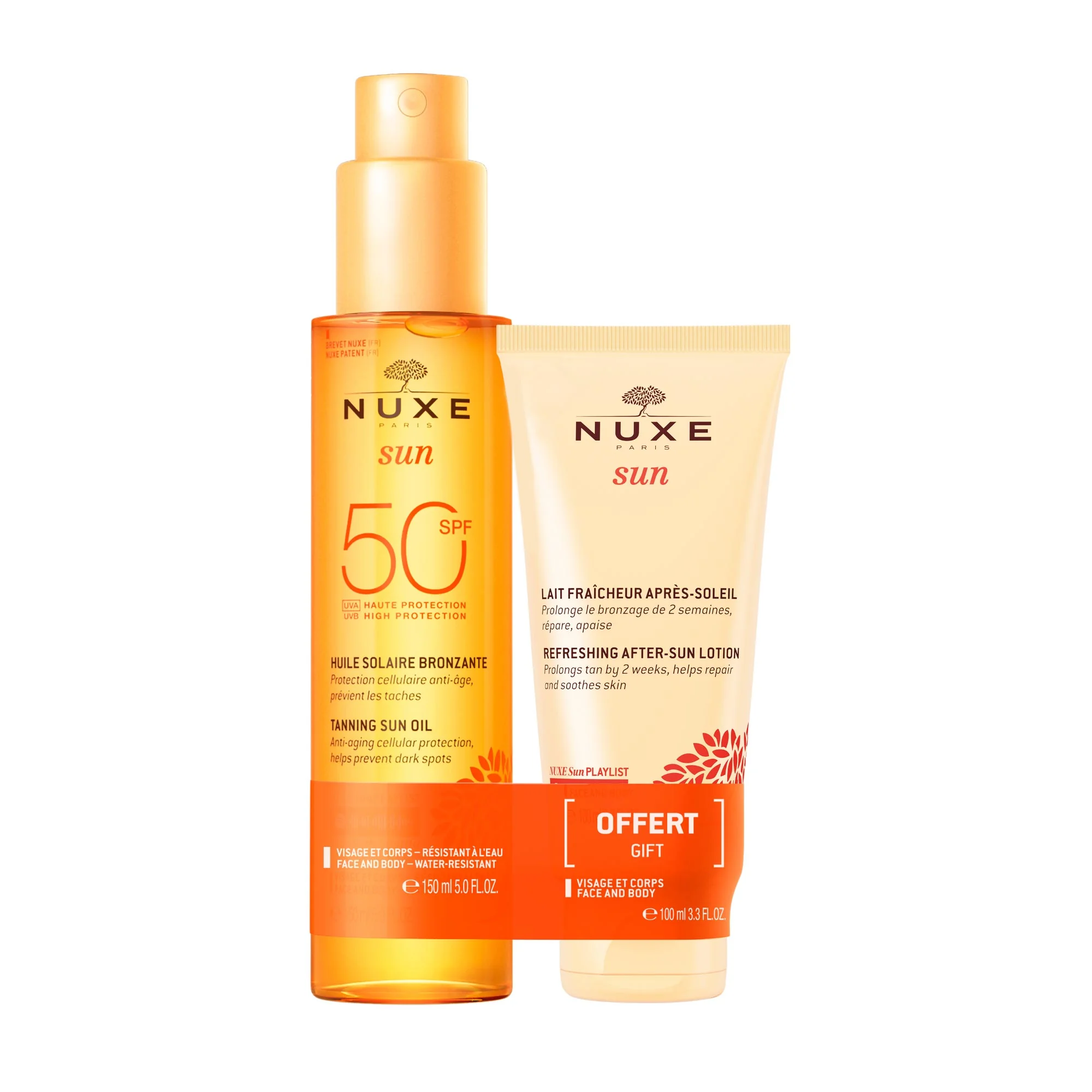 Nuxe Sun Zestaw olejek do opalania twarzy i ciała SPF 50, 150 ml + balsam po opalaniu, 100 ml