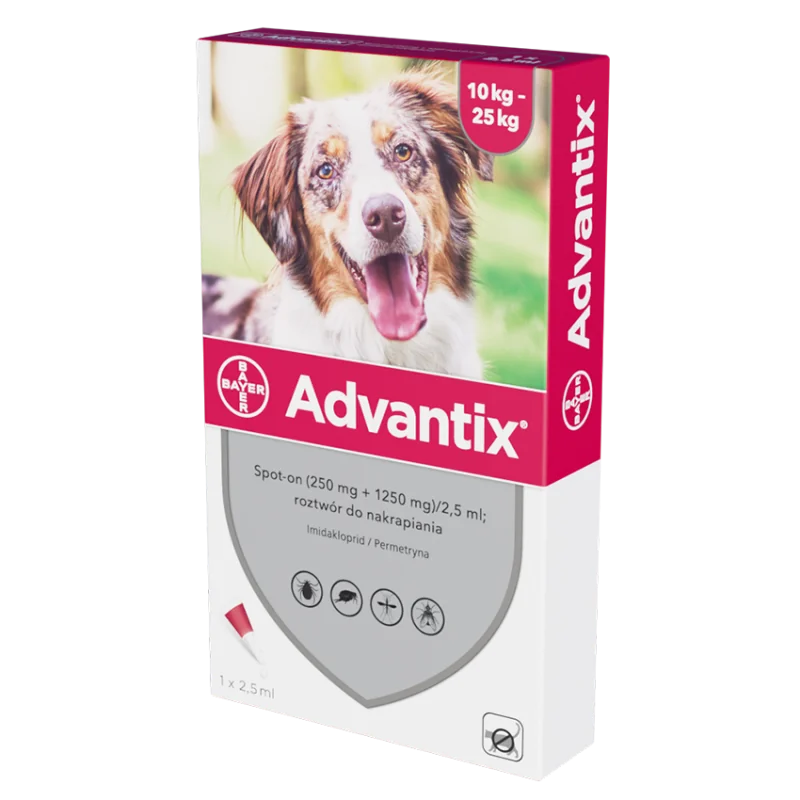 Advantix Spot-on Na Kleszcze i Pchły (250 mg + 1250 mg)/2,5 ml, roztwór do nakrapiania dla psów 10 - 25 kg, 1 x 2,5 ml