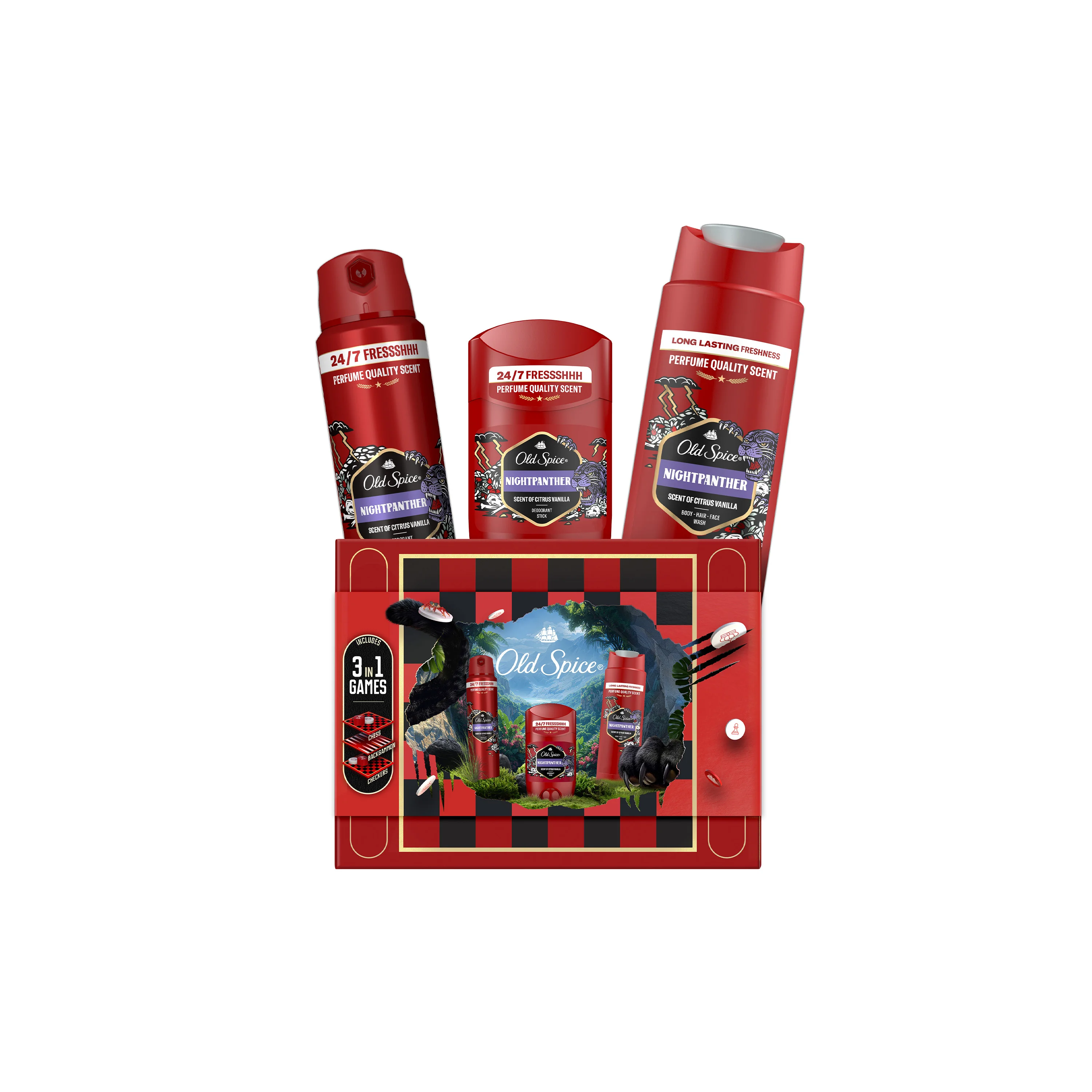 Old Spice Night Panther Gamebox Zestaw dezodorant w sztyfcie, 50 ml + dezodorant w sprayu, 150 ml + żel pod prysznic, 250 ml