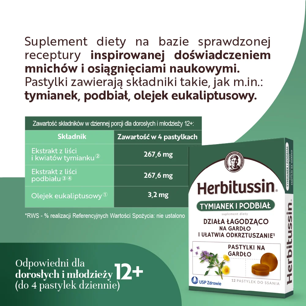 Herbitussin Tymianek i Podbiał pastylki na gardło, 12 szt.