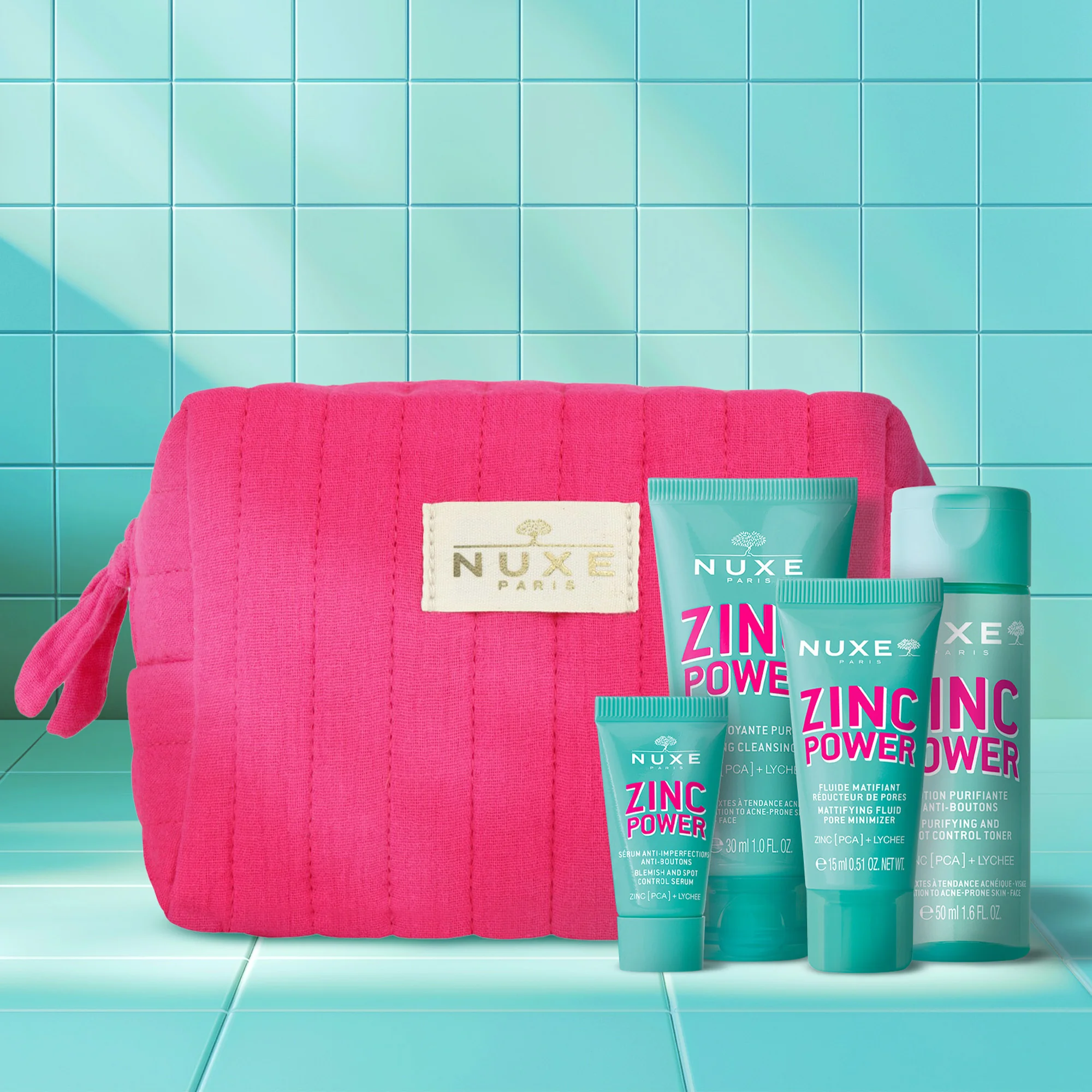 Nuxe Zinc Power Zestaw serum, 5 ml + żel oczyszczający, 30 ml + tonik, 50 ml + krem, 15 ml + kosmetyczka