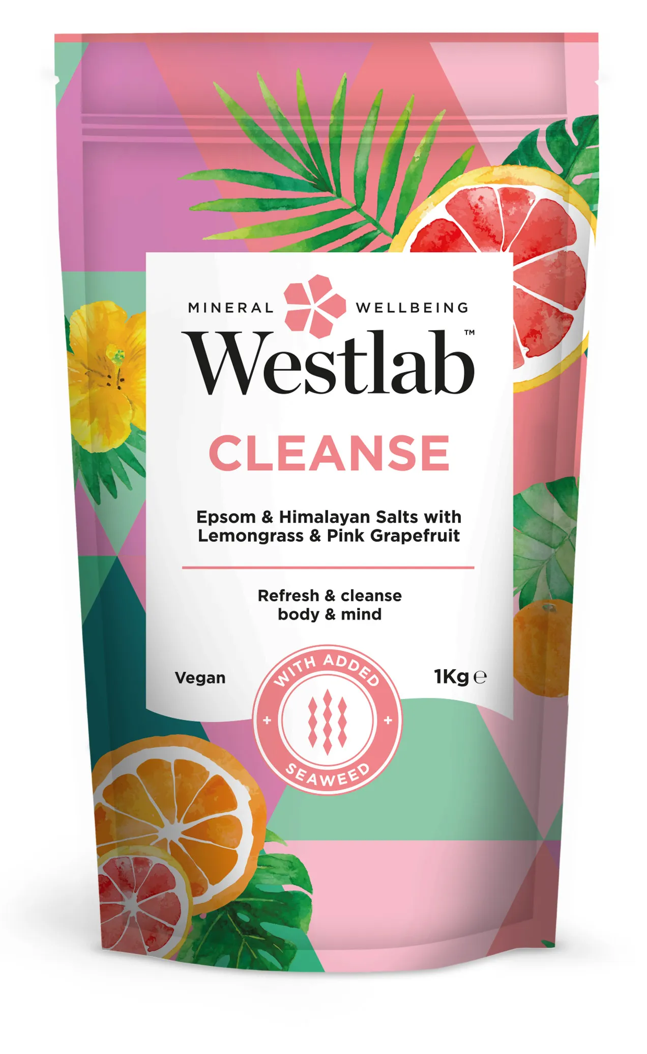 Westlab Cleanse, oczyszczająca sól do kąpieli z trawą cytrynową i różowym grejpfrutem, 1 kg