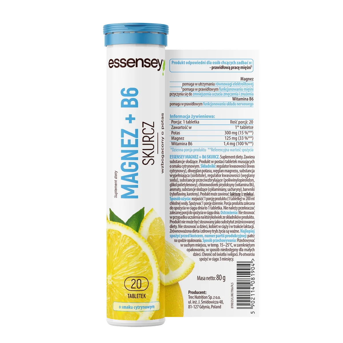 Essensey Magnez + B6 Skurcz o smaku cytrynowym, 20 tabletek musujących