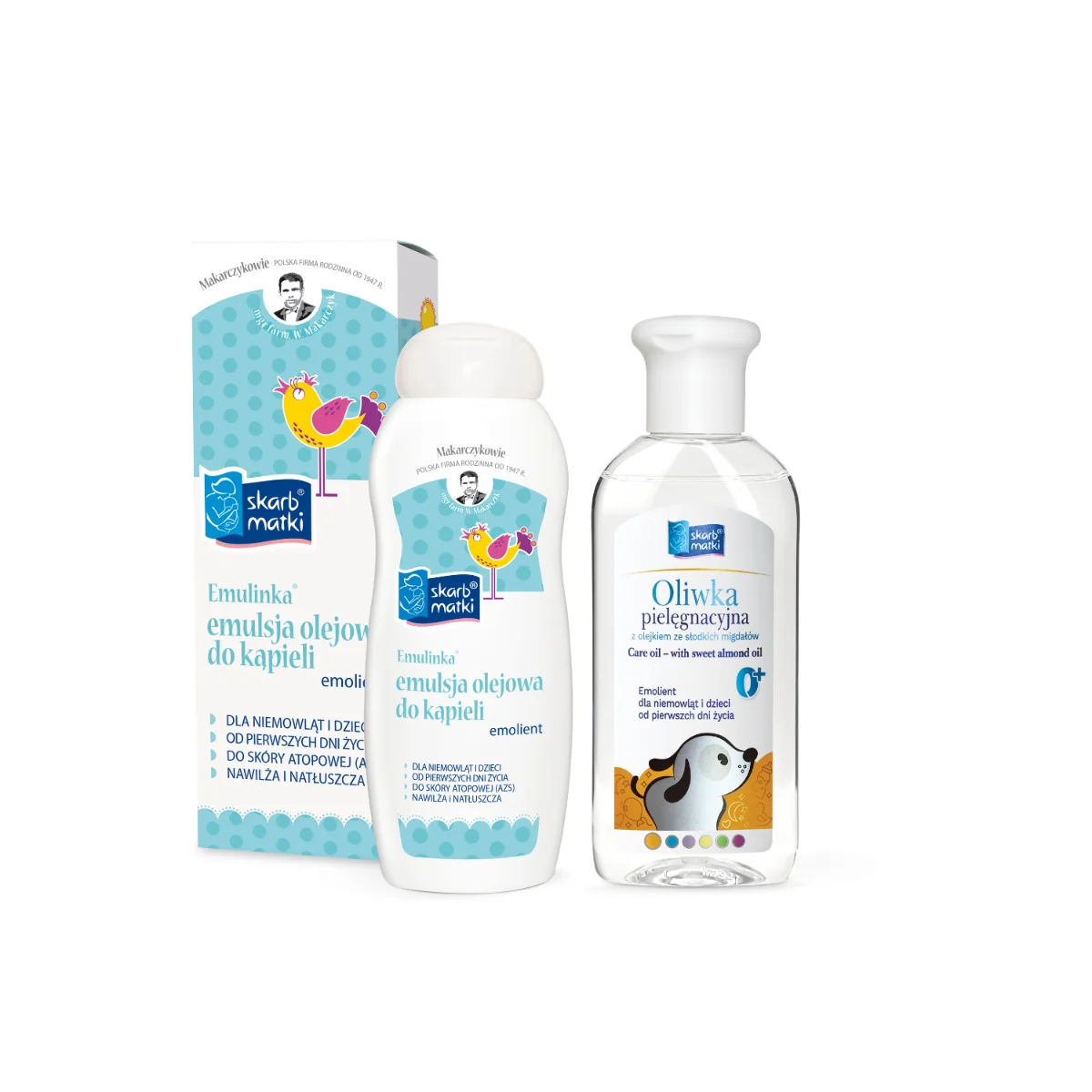 Zestaw Skarb Matki emulsja olejowa do kąpieli Emulinka + oliwka pielęgnacyjna do pielęgnacji ciała dla dzieci i niemowląt, 250 ml + 200 ml