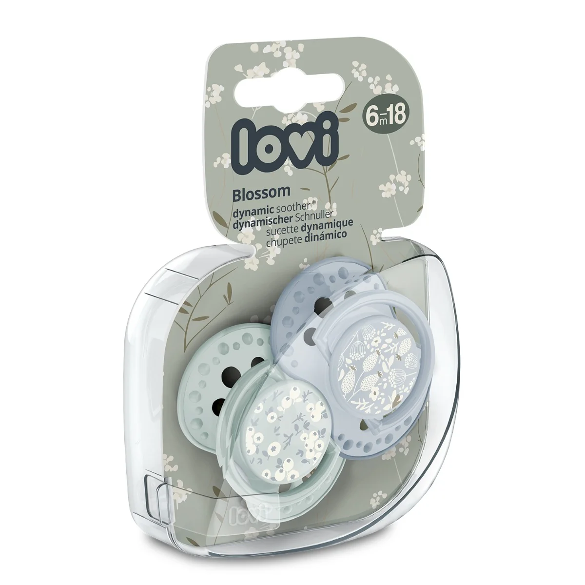 LOVI Smoczek silikonowy dynamiczny 6-18m Blossom Blue 2 sztuki