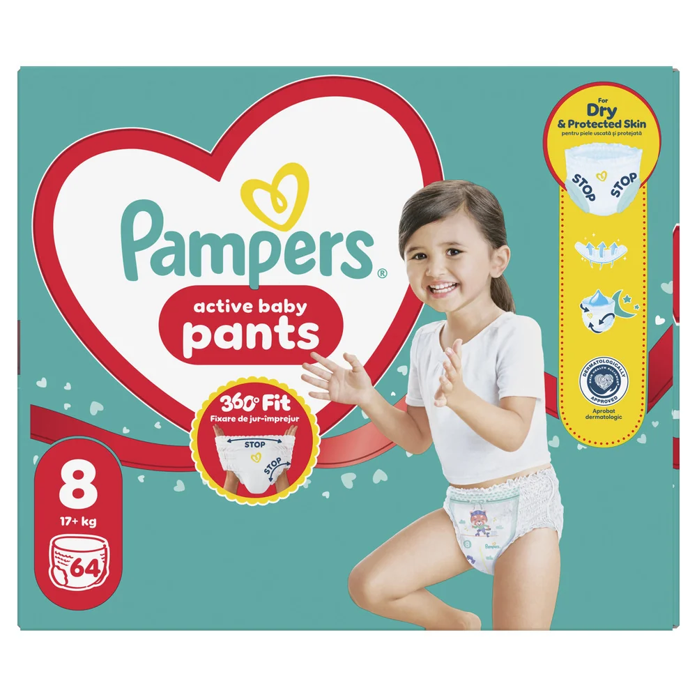 Pampers Active Baby Pants 8 pieluchomajtki, rozmiar 8, 17+ kg, 64 sztuki