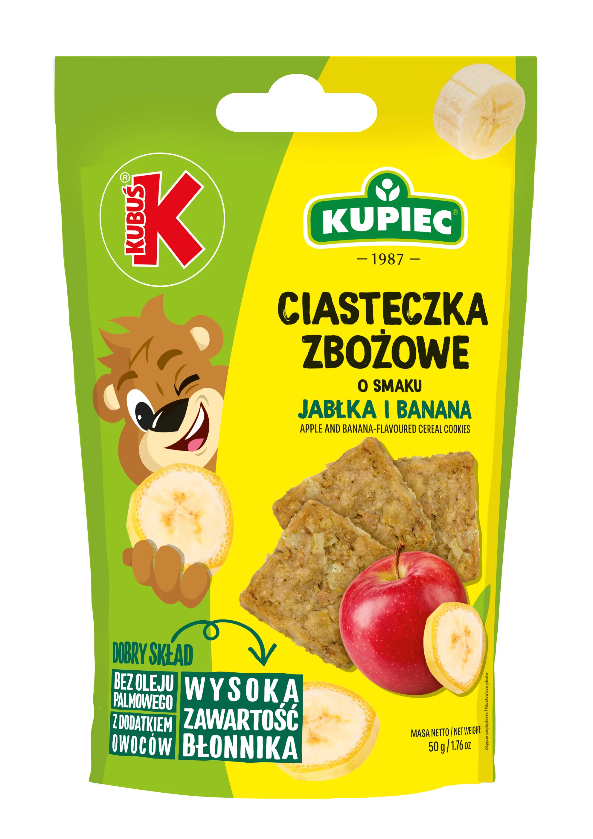 Kupiec Ciasteczka Zbożowe o smaku jabłka i banana, 50 g