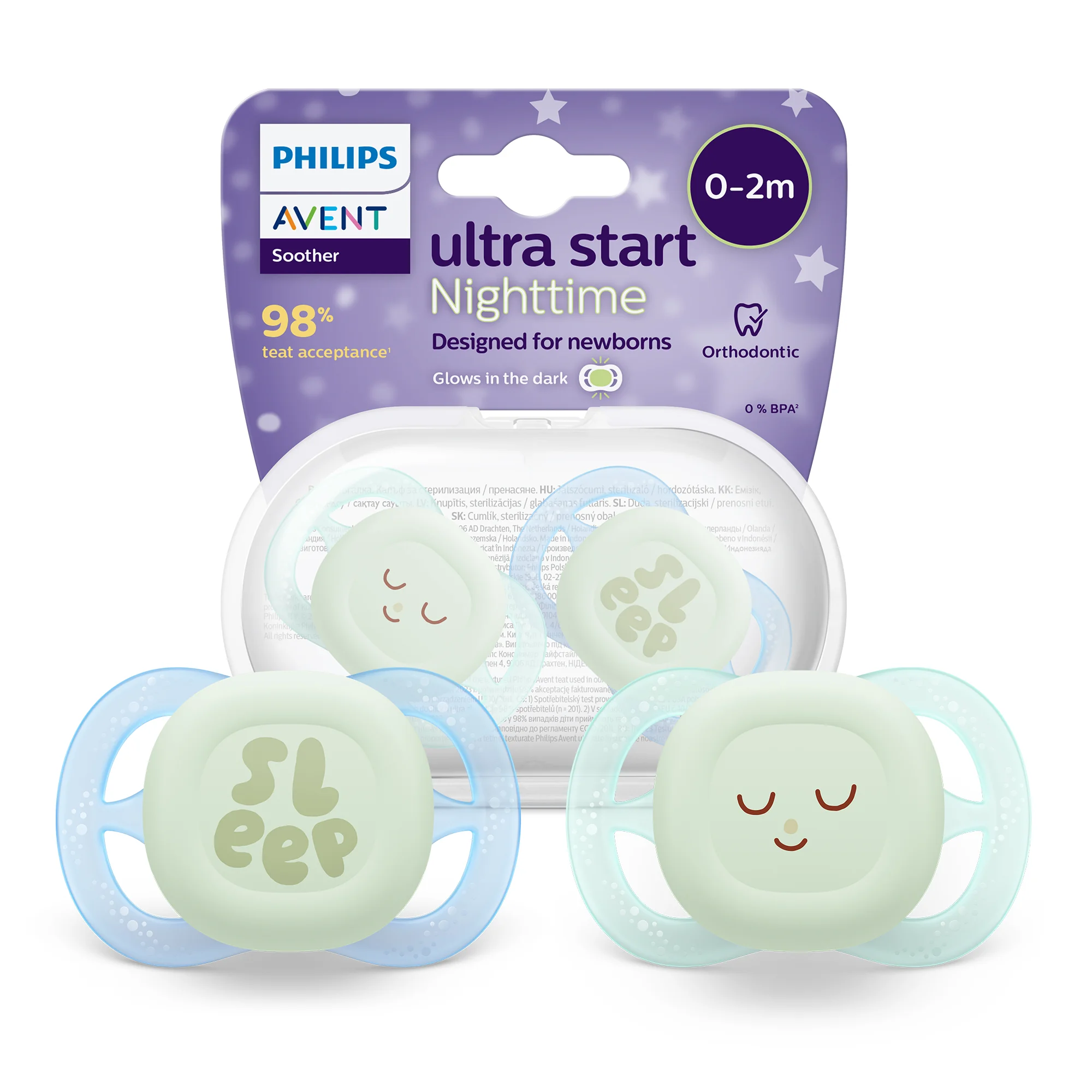 Philips Avent Ultra Start Nighttime świecący w ciemności ortodontyczny smoczek uspokajający 0-2 m, 2 sztuki
