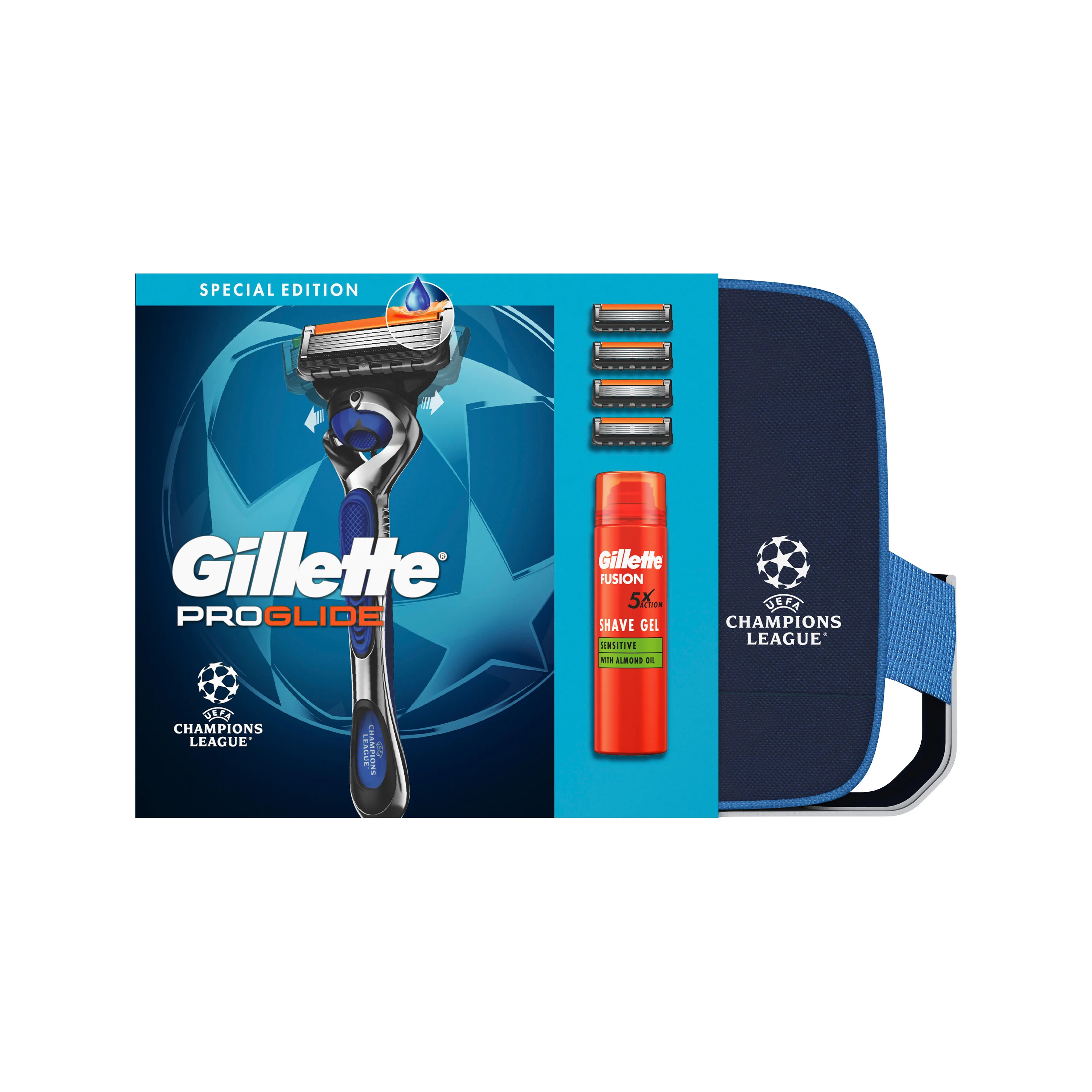 Gillette UEFA Champions League Special Edition ProGlide Zestaw maszynka do golenia + 4 głowice + żel do golenia, 200 ml + kosmetyczka