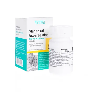 Magnokal Asparaginian 250 mg + 250 mg - 50 tabletek stosowany wspomagająco przy różnych problemach układu krążenia 