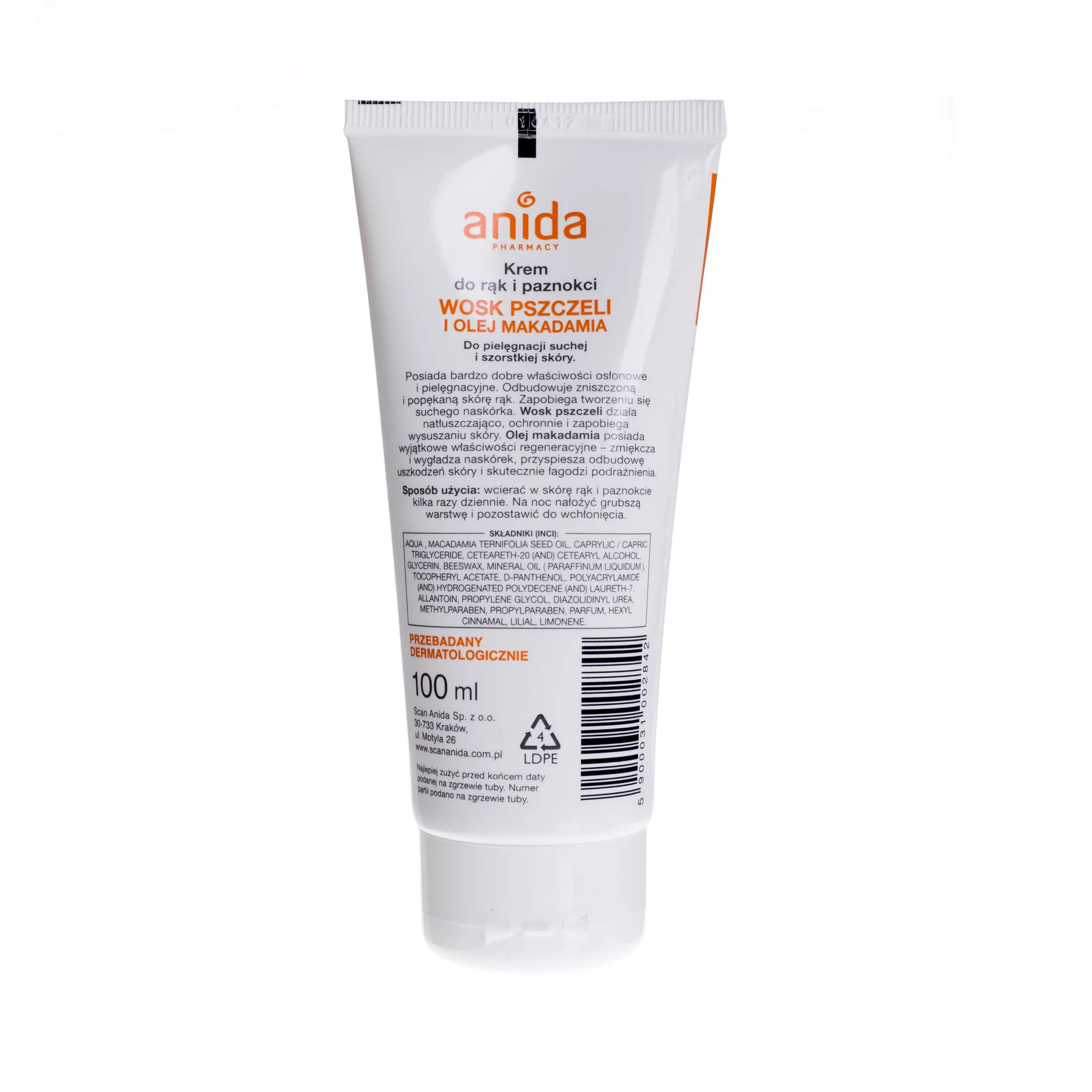 Anida krem do rąk i paznokci z woskiem pszczelim i olejem makadamia, 100 ml
