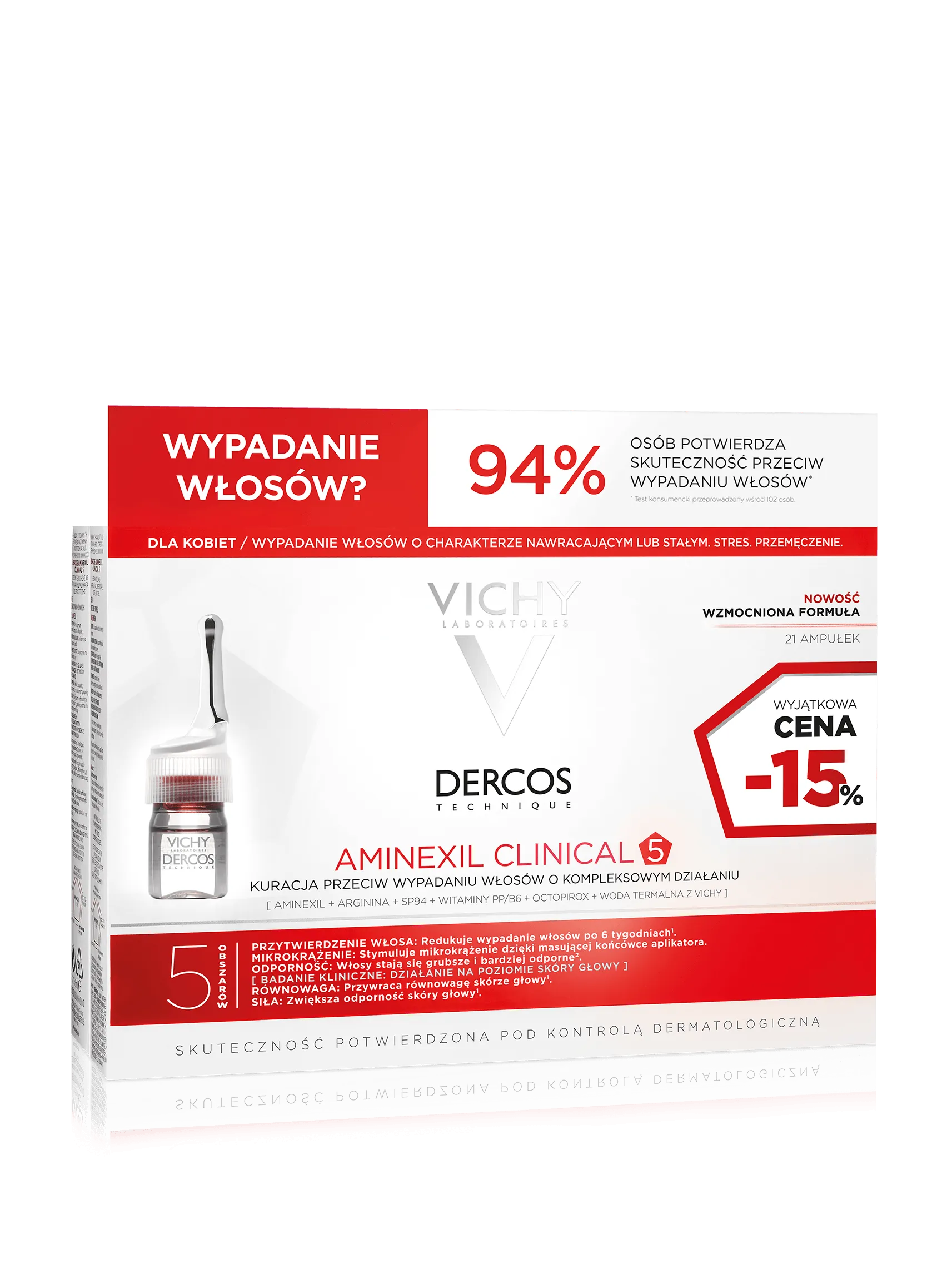 Vichy Aminexil Clinical 5, kuracja przeciw wypadaniu włosów dla kobiet, 21 ampułek po 6 ml