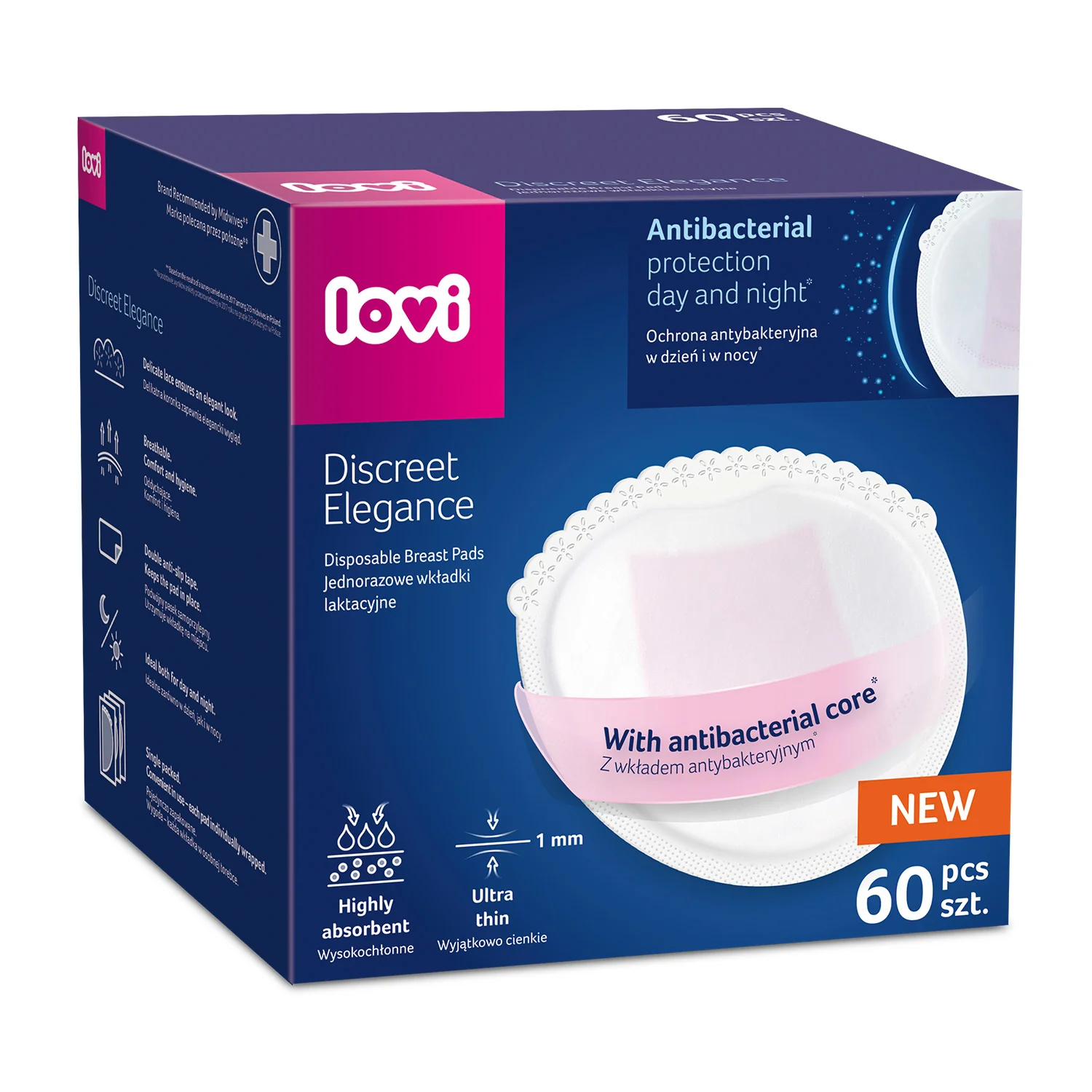 LOVI Discreet Elegance wkładki laktacyjne antybakteryjne białe, 60 sztuk