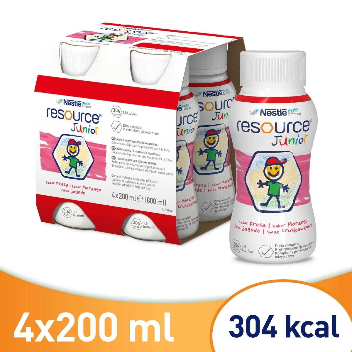 Resource Junior odżywczy preparat w płynie dla dzieci po 1. roku życia, smak truskawkowy, 4 x 200 ml