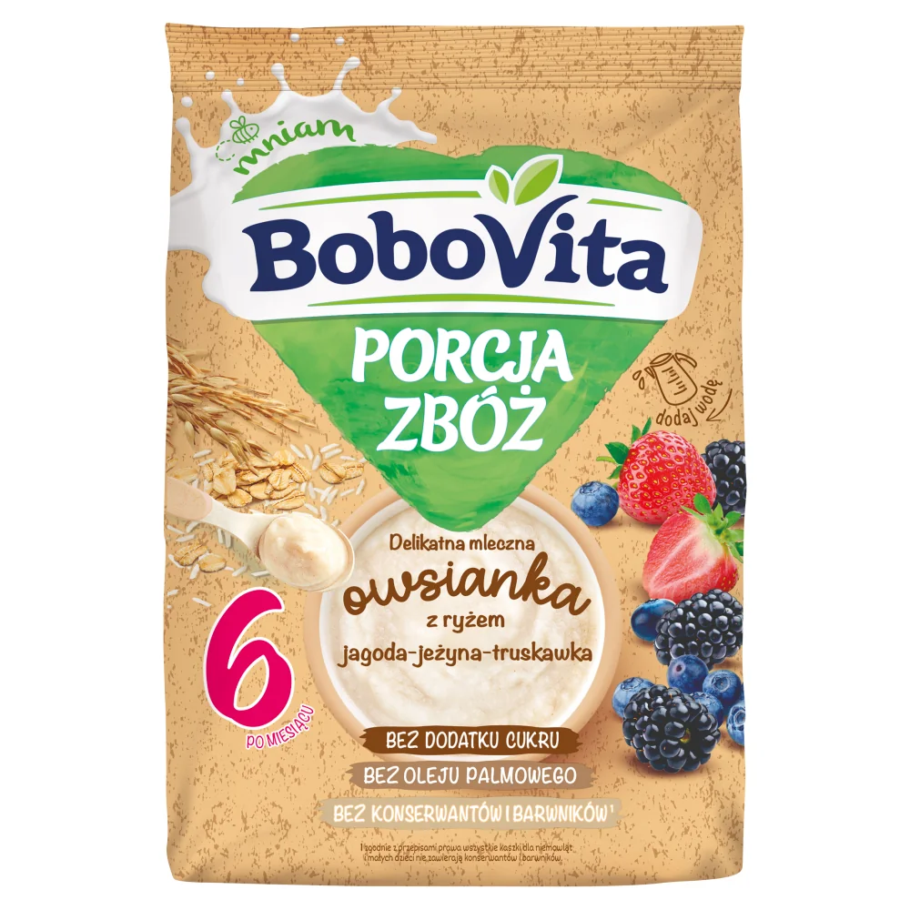 BoboVita Porcja Zbóż delikatna mleczna owsianka z ryżem jagoda-jeżyna-truskawka, 210 g