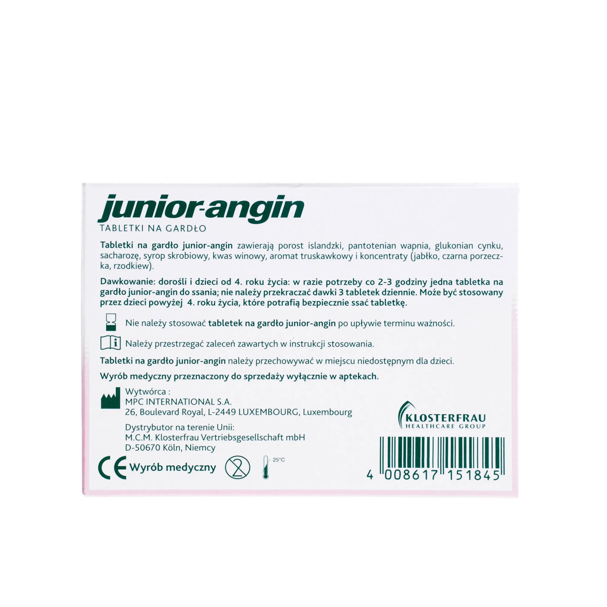 Junior-Angin, 36 tabletek do ssania na gardło, dla dzieci, smak truskawkowy 