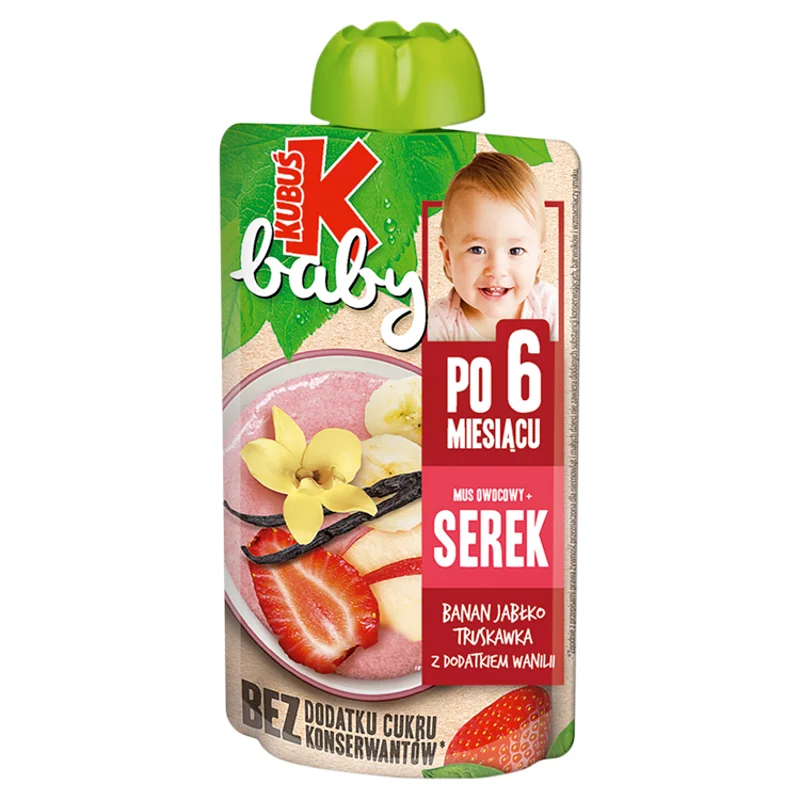 Kubuś Baby mus owocowy serek banan jabłko truskawka z dodatkiem wanilii po 6. miesiącu życia, 100 g