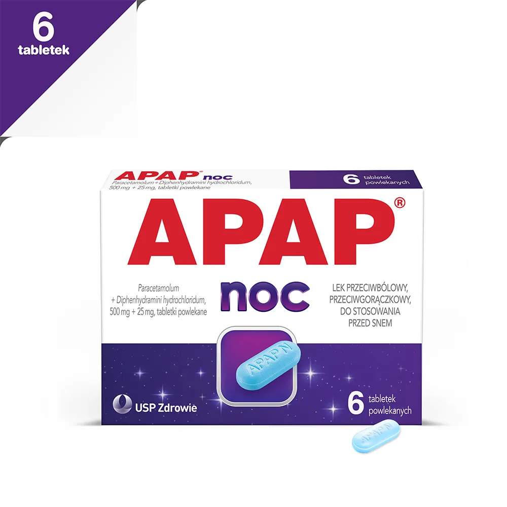 APAP Noc, Paracetamolum + Diphenhydramini hydrochloridum, 500 mg + 25 mg, 6 tabletek powlekanych 